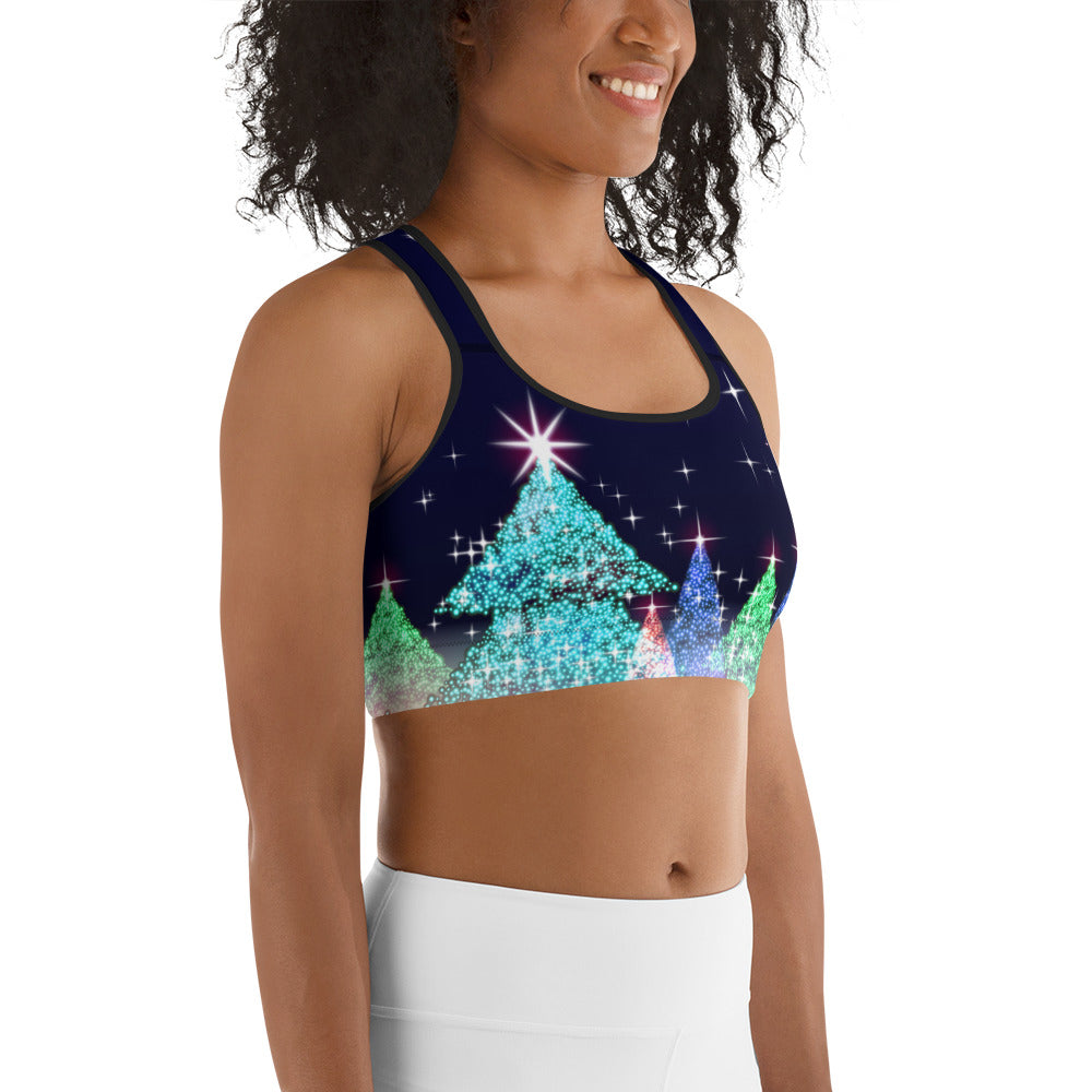 Shimmery Christmas Tree Print Sports Bra