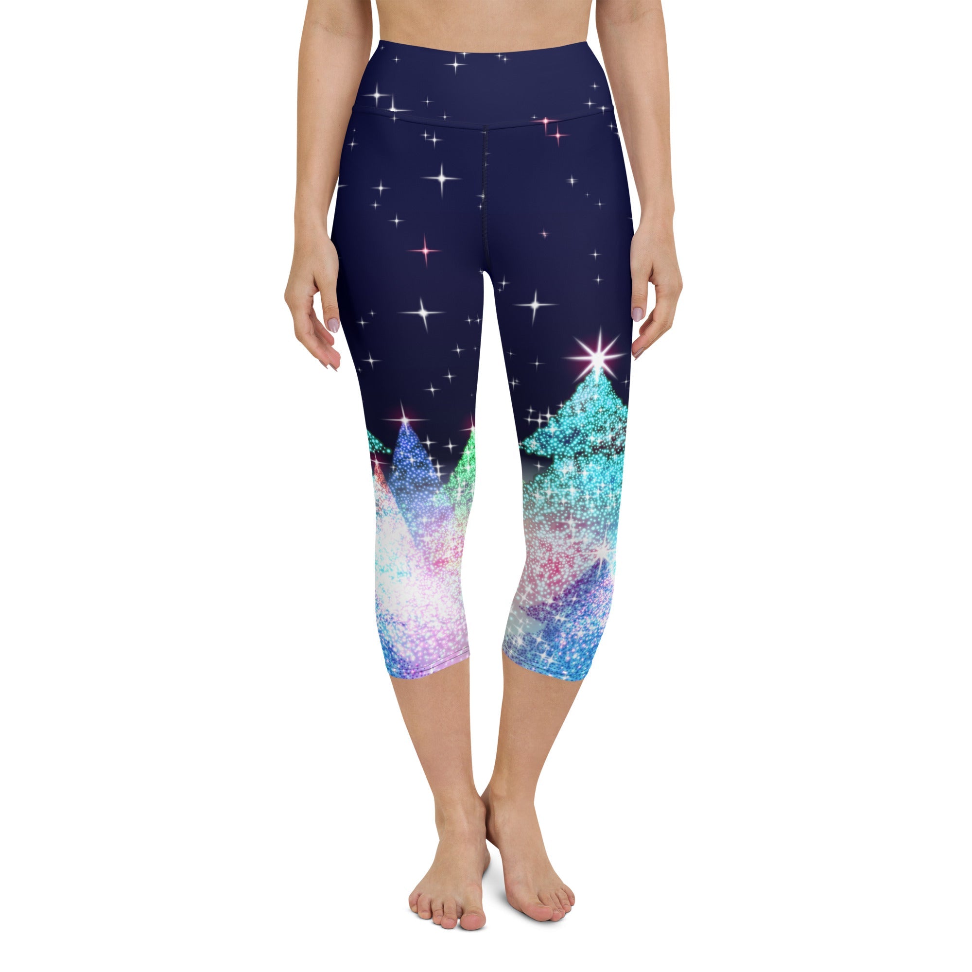 Shimmery Christmas Tree Print Yoga Capris