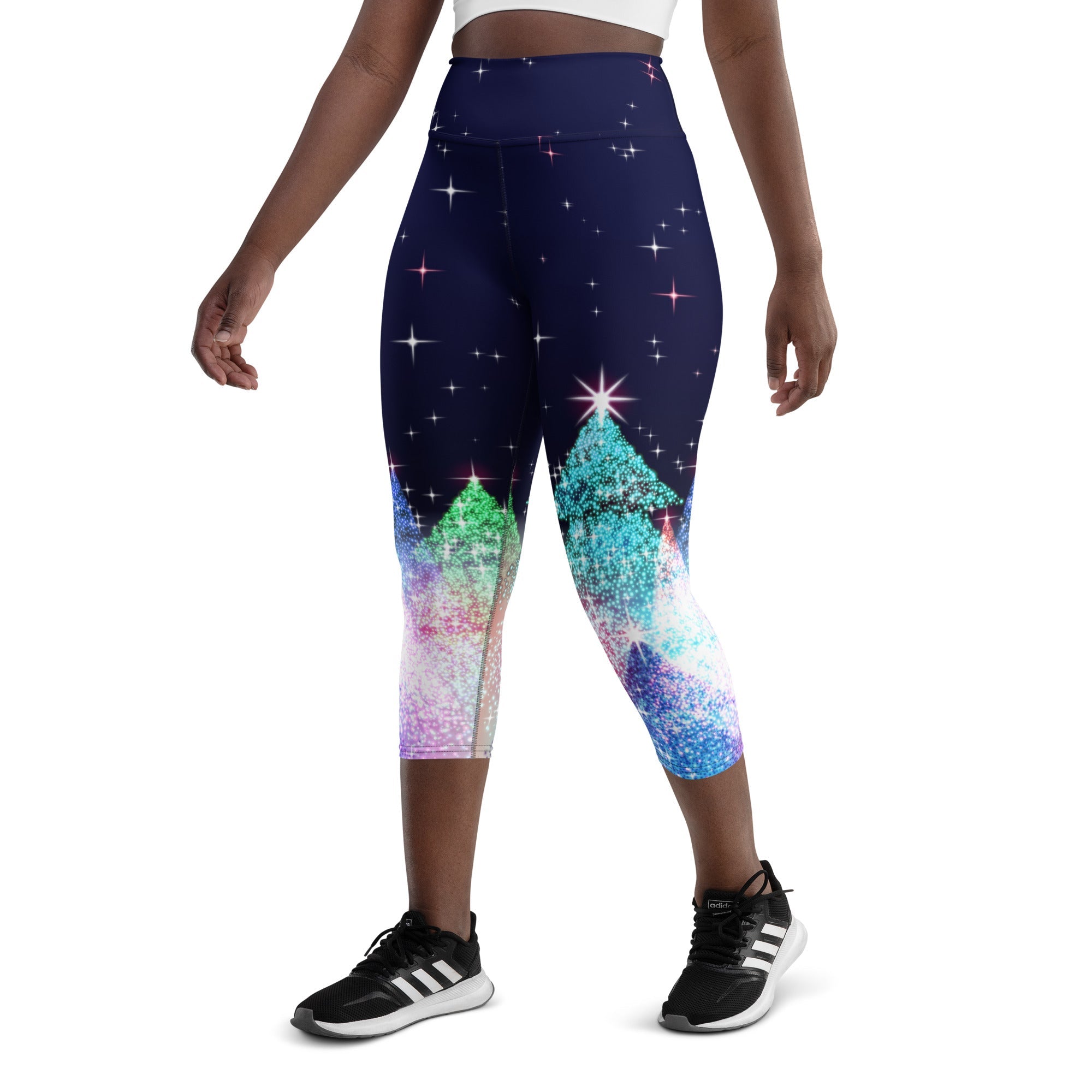 Shimmery Christmas Tree Print Yoga Capris