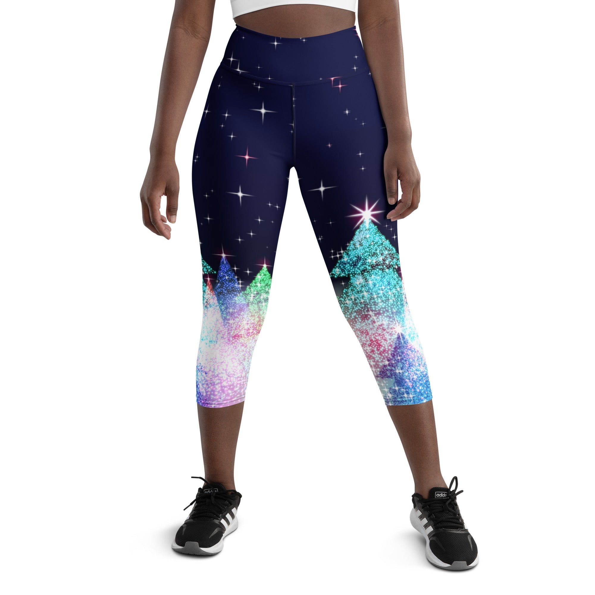 Shimmery Christmas Tree Print Yoga Capris