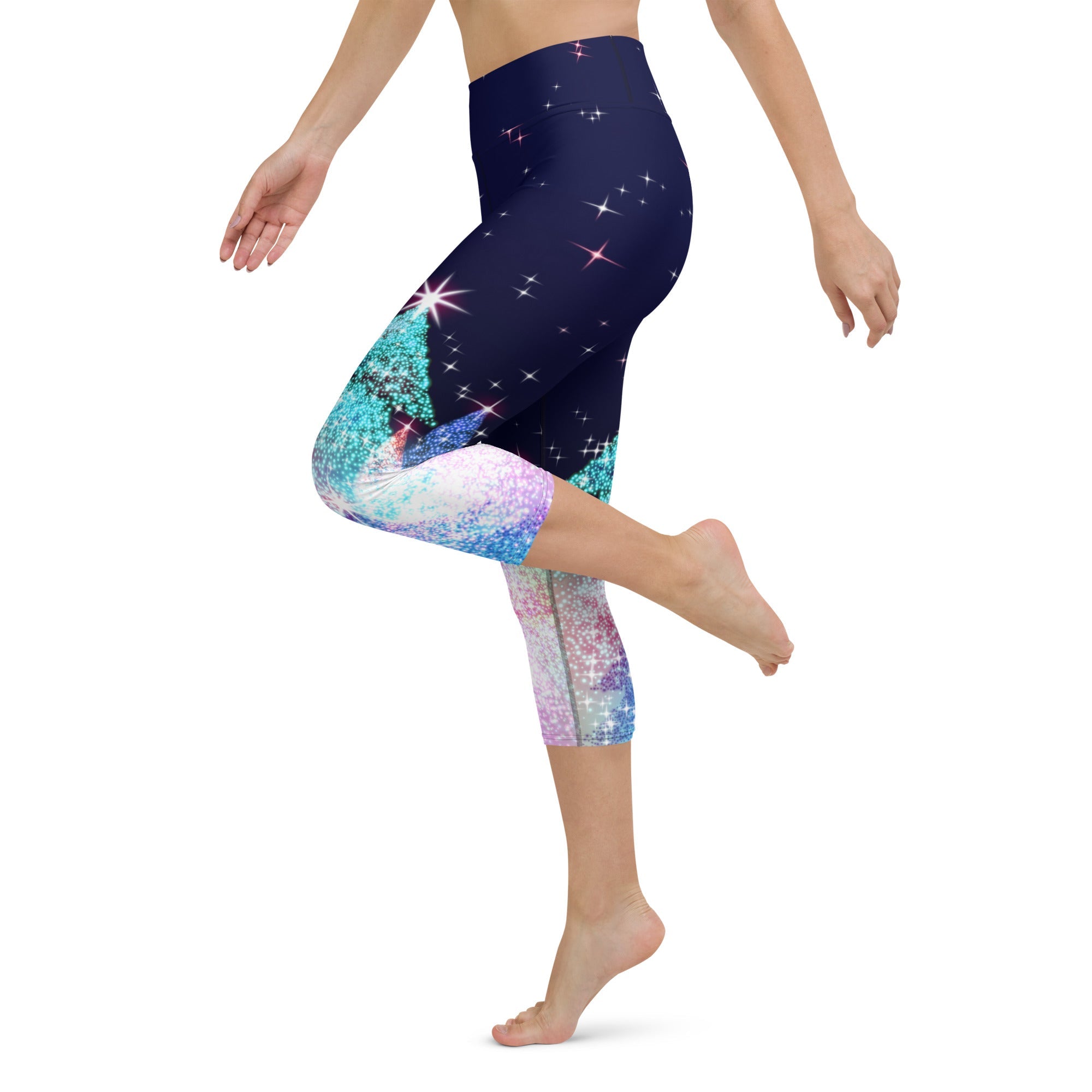 Shimmery Christmas Tree Print Yoga Capris