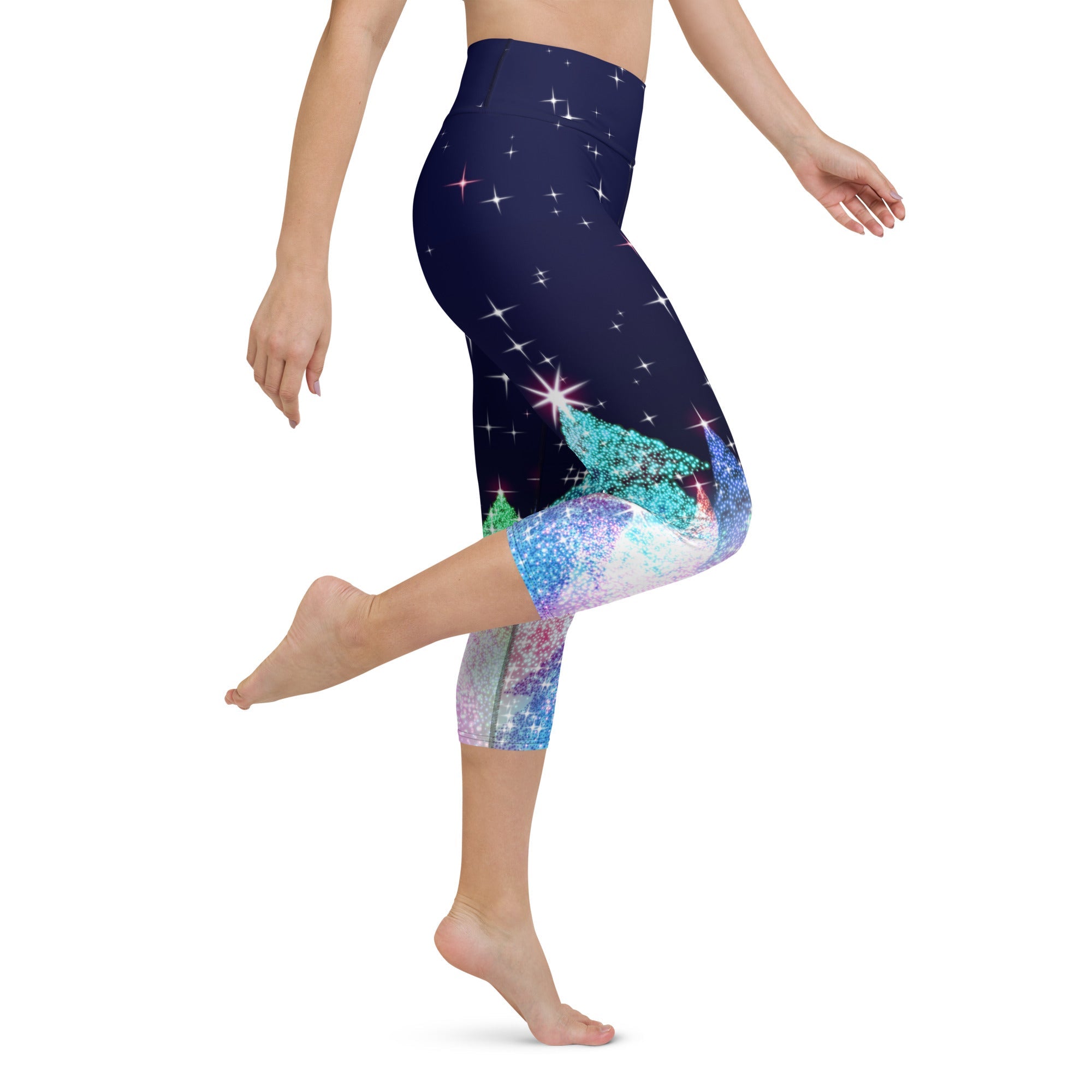 Shimmery Christmas Tree Print Yoga Capris