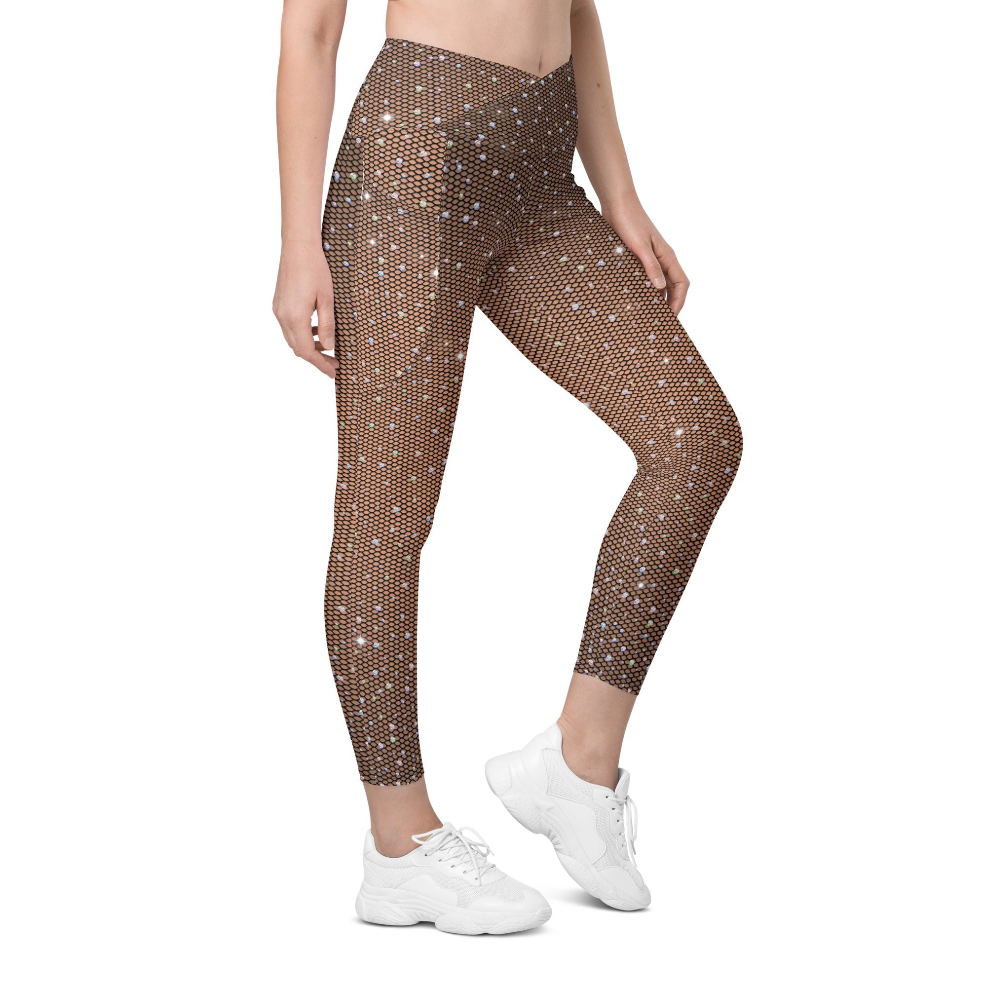 Sparkle Fishnet Crossover Leggings With Pockets