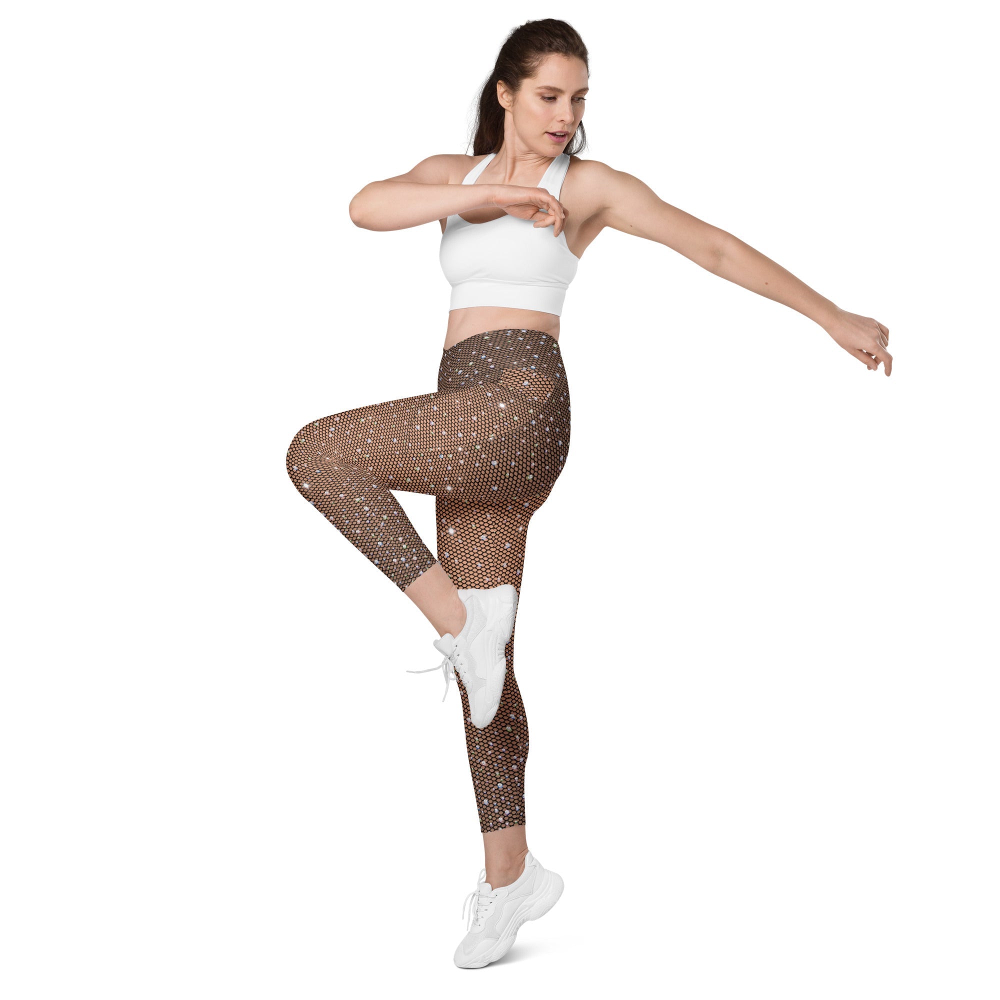 Sparkle Fishnet Crossover Leggings With Pockets