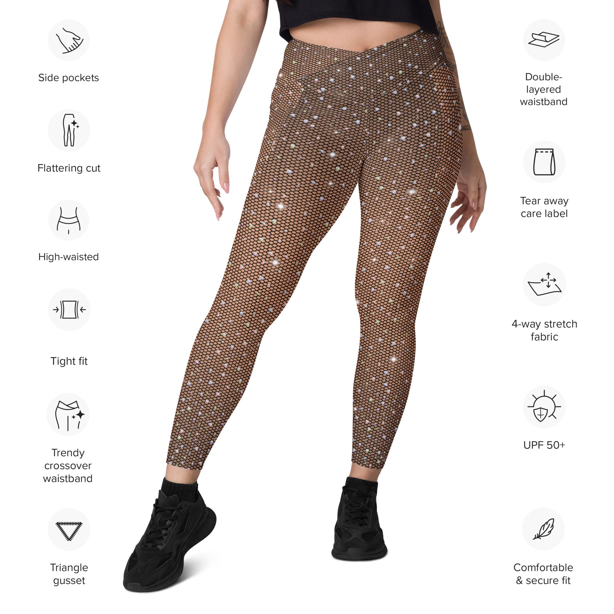 Sparkle Fishnet Crossover Leggings With Pockets