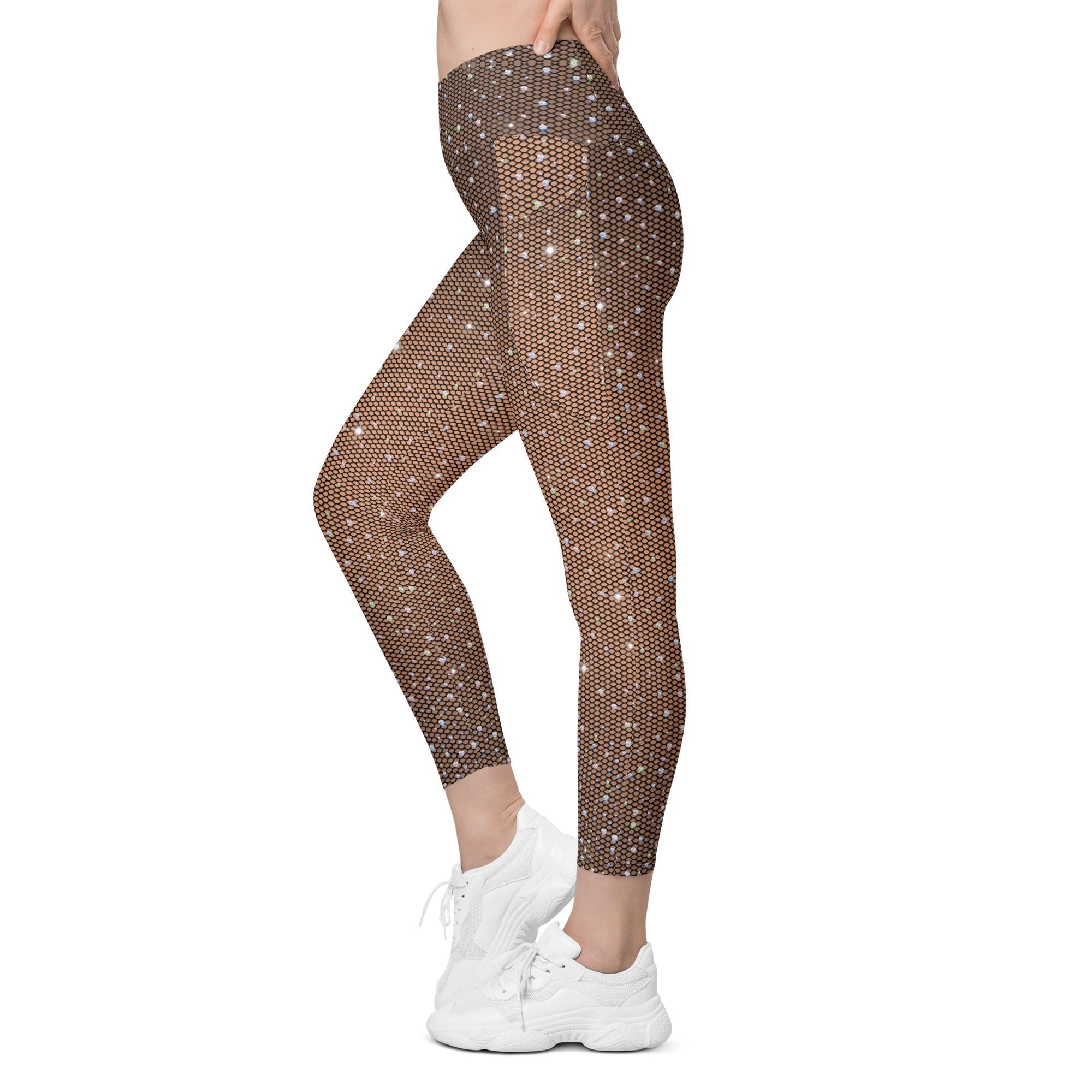 Sparkle Fishnet Crossover Leggings With Pockets