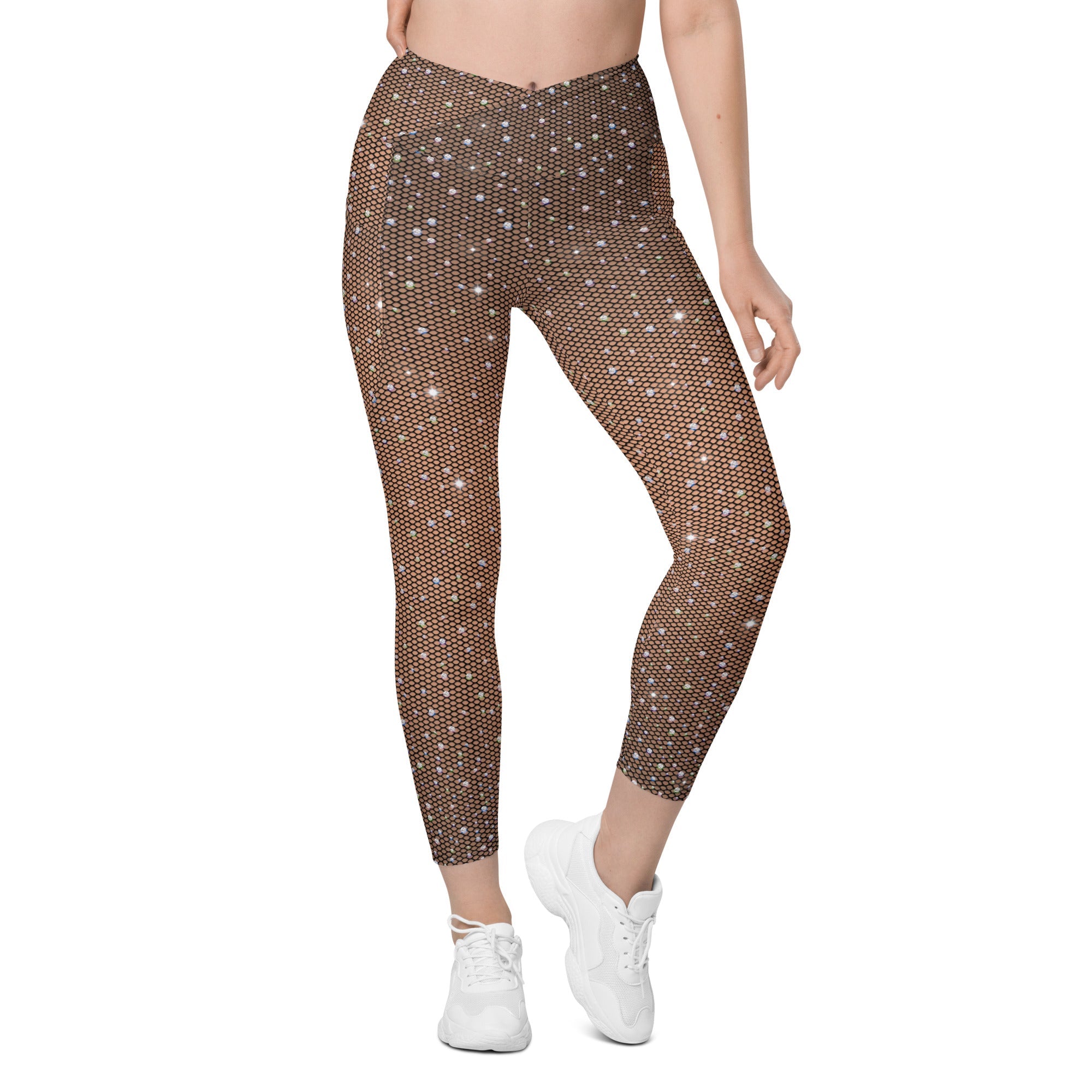 Sparkle Fishnet Crossover Leggings With Pockets