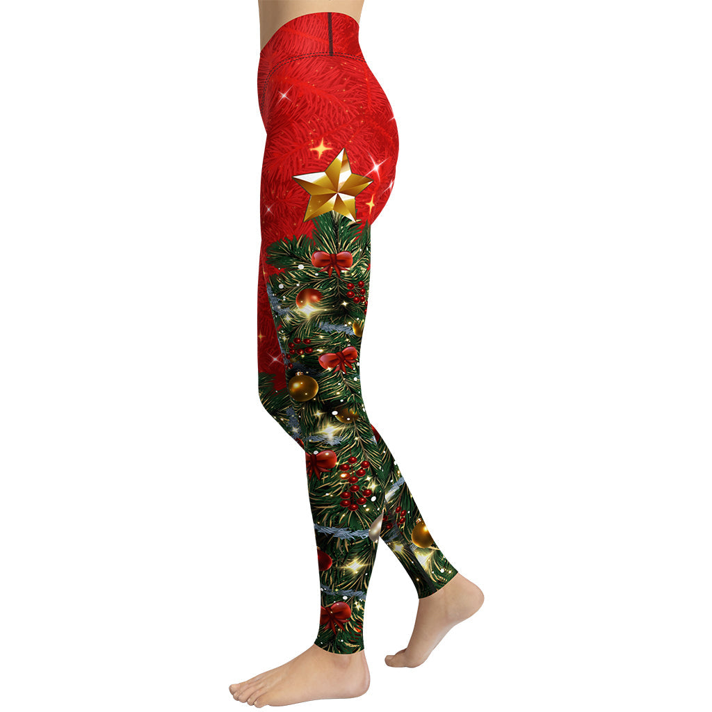 Christmas Tree Leggings, Christmas Leggings, Christmas Gold Folk Pine Tree,  Christmas Clothing, Capris, Party Leggings, Christmas Outfit 