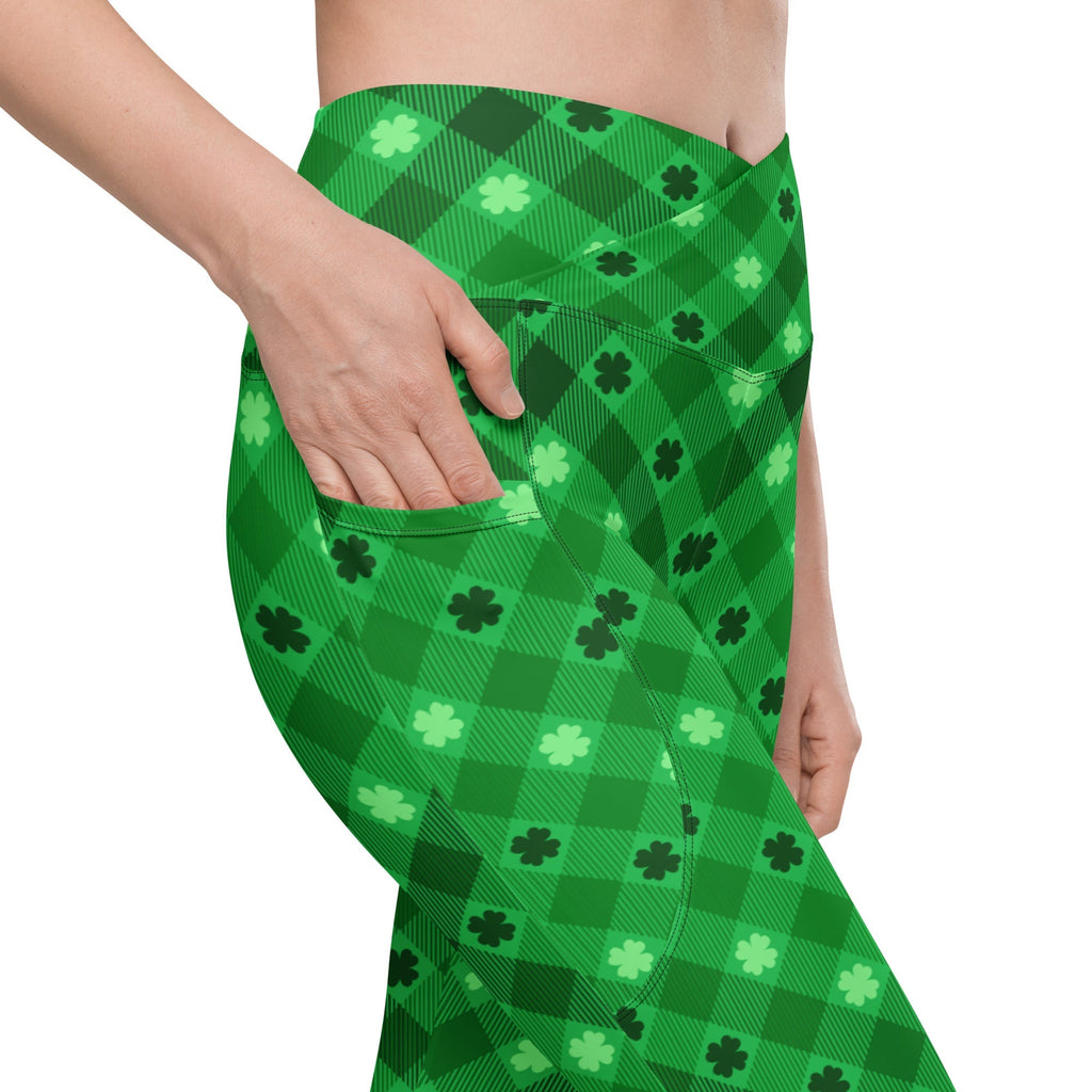St. Patrick's Day Plaid Crossover Leggings With Pockets
