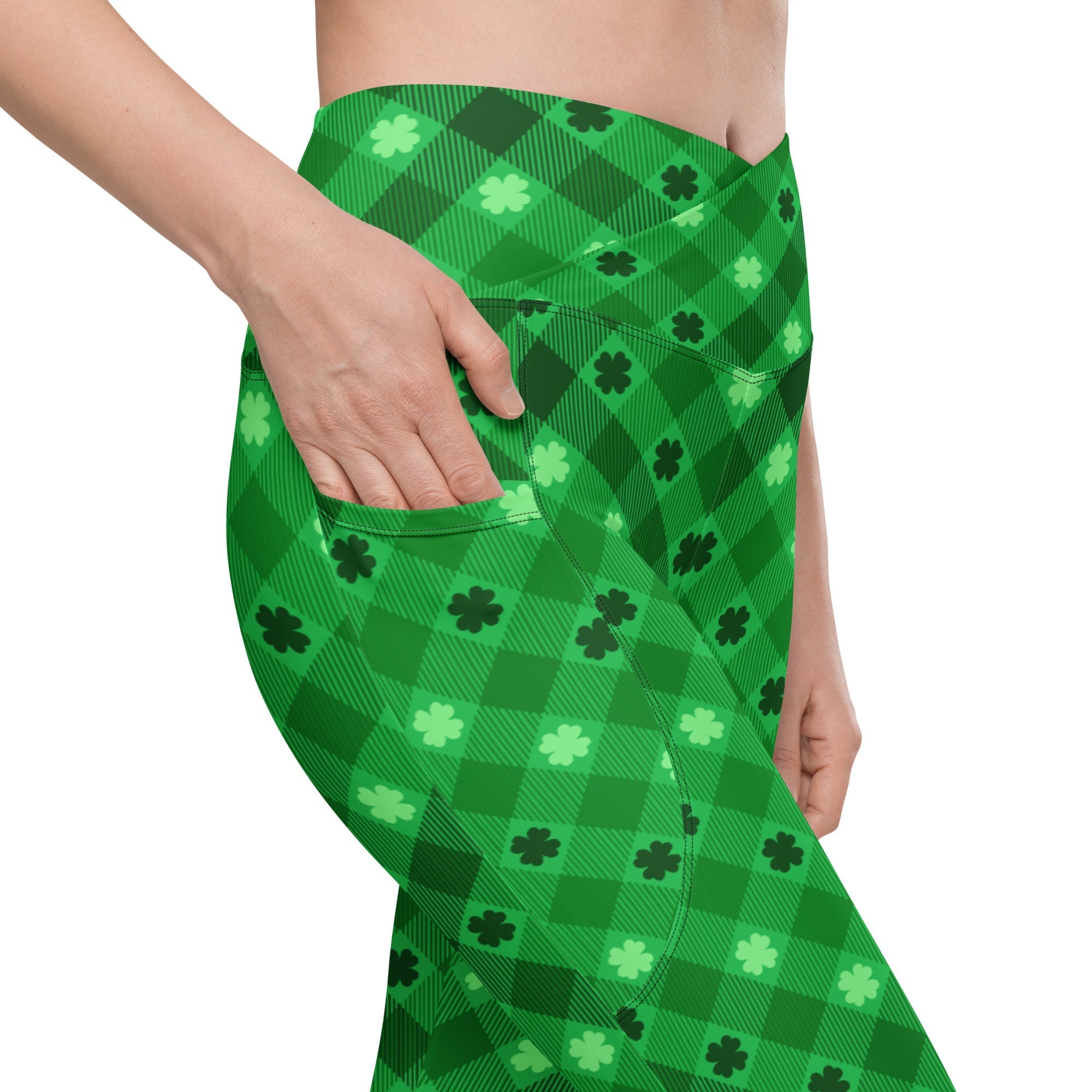 St. Patrick's Day Plaid Crossover Leggings With Pockets