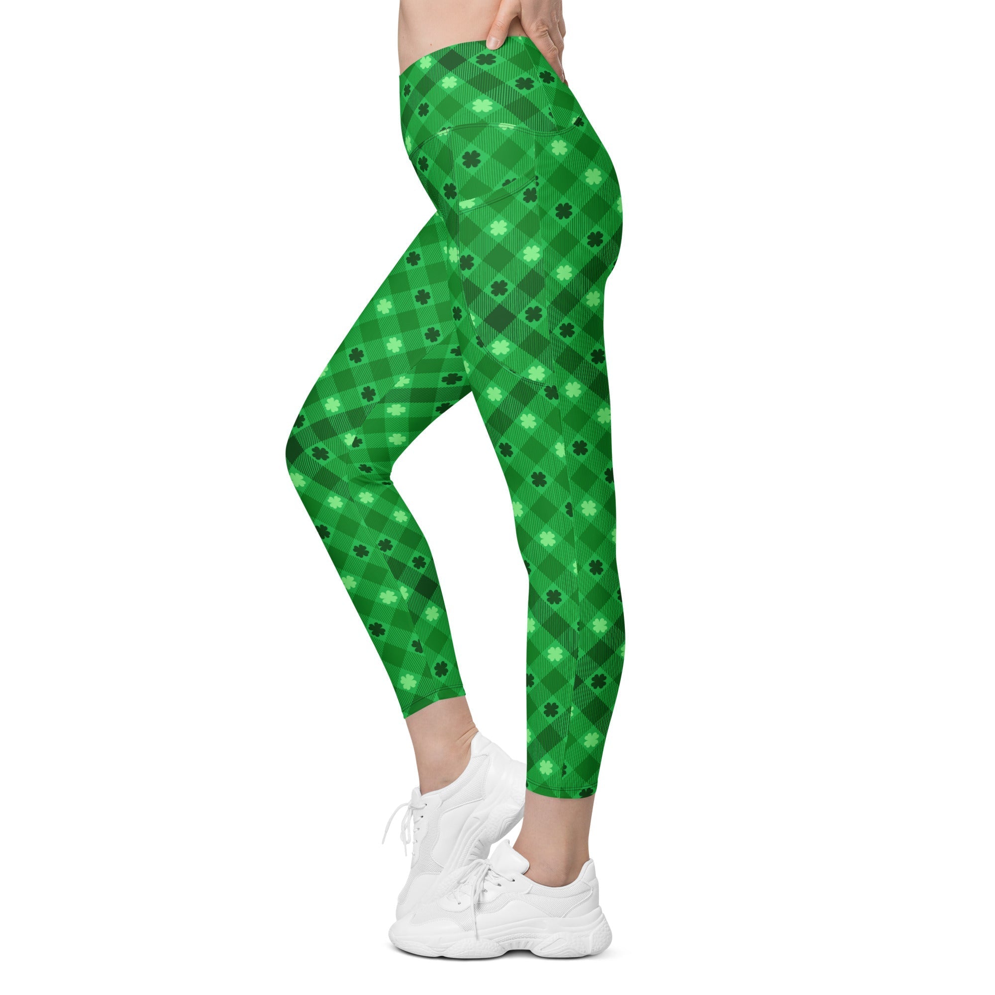 St. Patrick's Day Plaid Crossover Leggings With Pockets