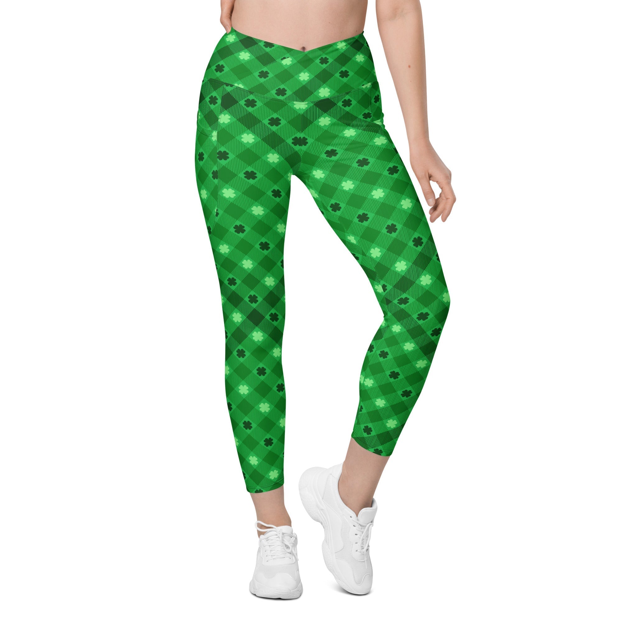 St. Patrick's Day Plaid Crossover Leggings With Pockets