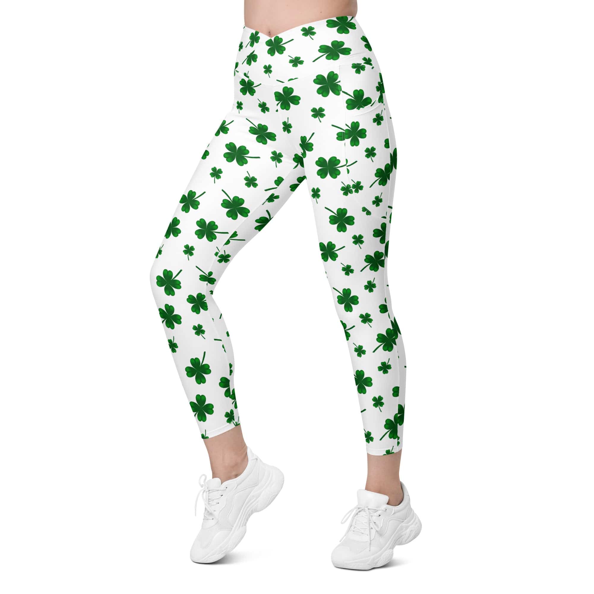 St. Patricks Day Shamrock Crossover Leggings With Pockets