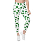 St. Patricks Day Shamrock Crossover Leggings With Pockets