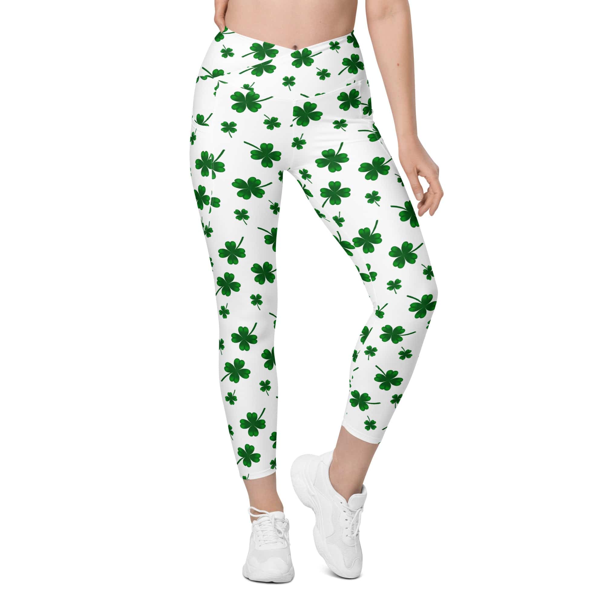 St. Patricks Day Shamrock Crossover Leggings With Pockets