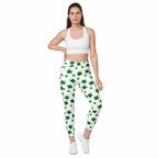 St. Patricks Day Shamrock Crossover Leggings With Pockets