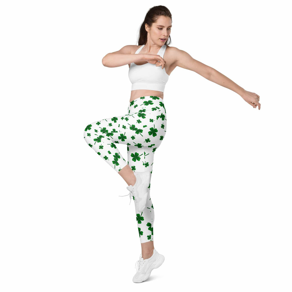 St. Patricks Day Shamrock Crossover Leggings With Pockets
