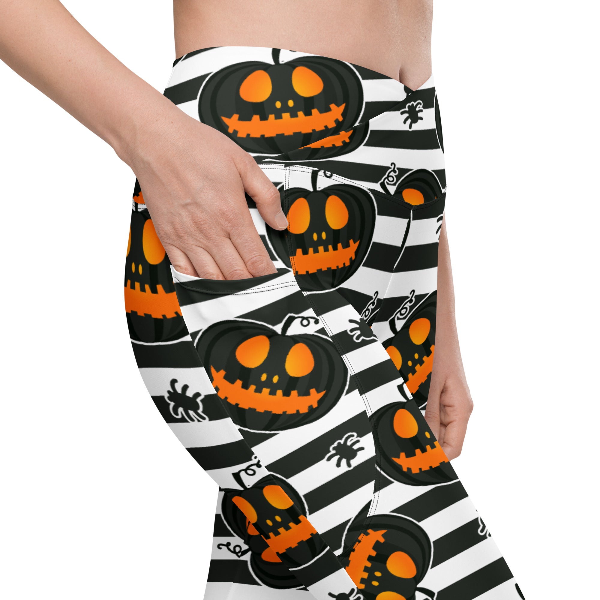 Striped Jack O'lanterns Crossover Leggings With Pockets