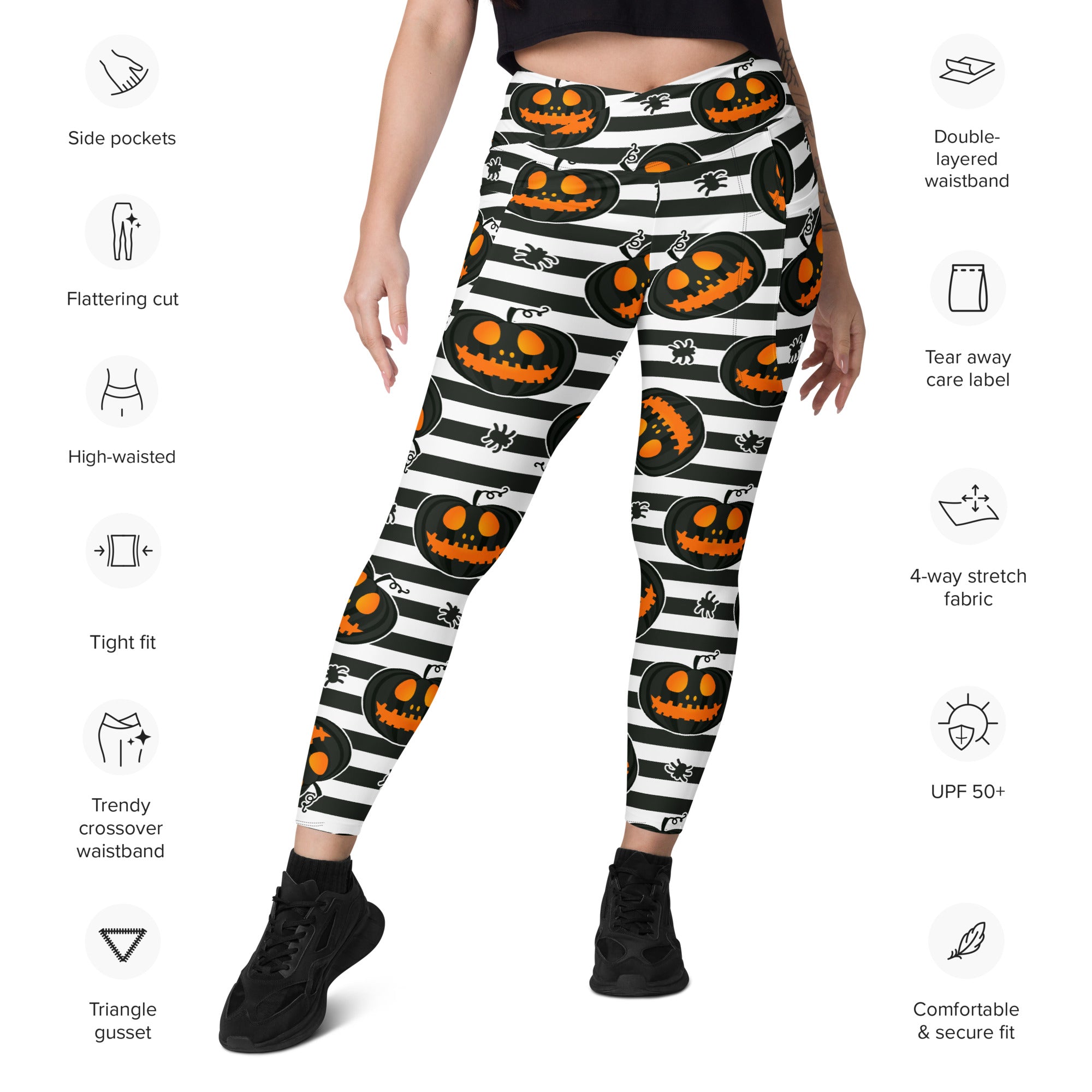 Striped Jack O'lanterns Crossover Leggings With Pockets