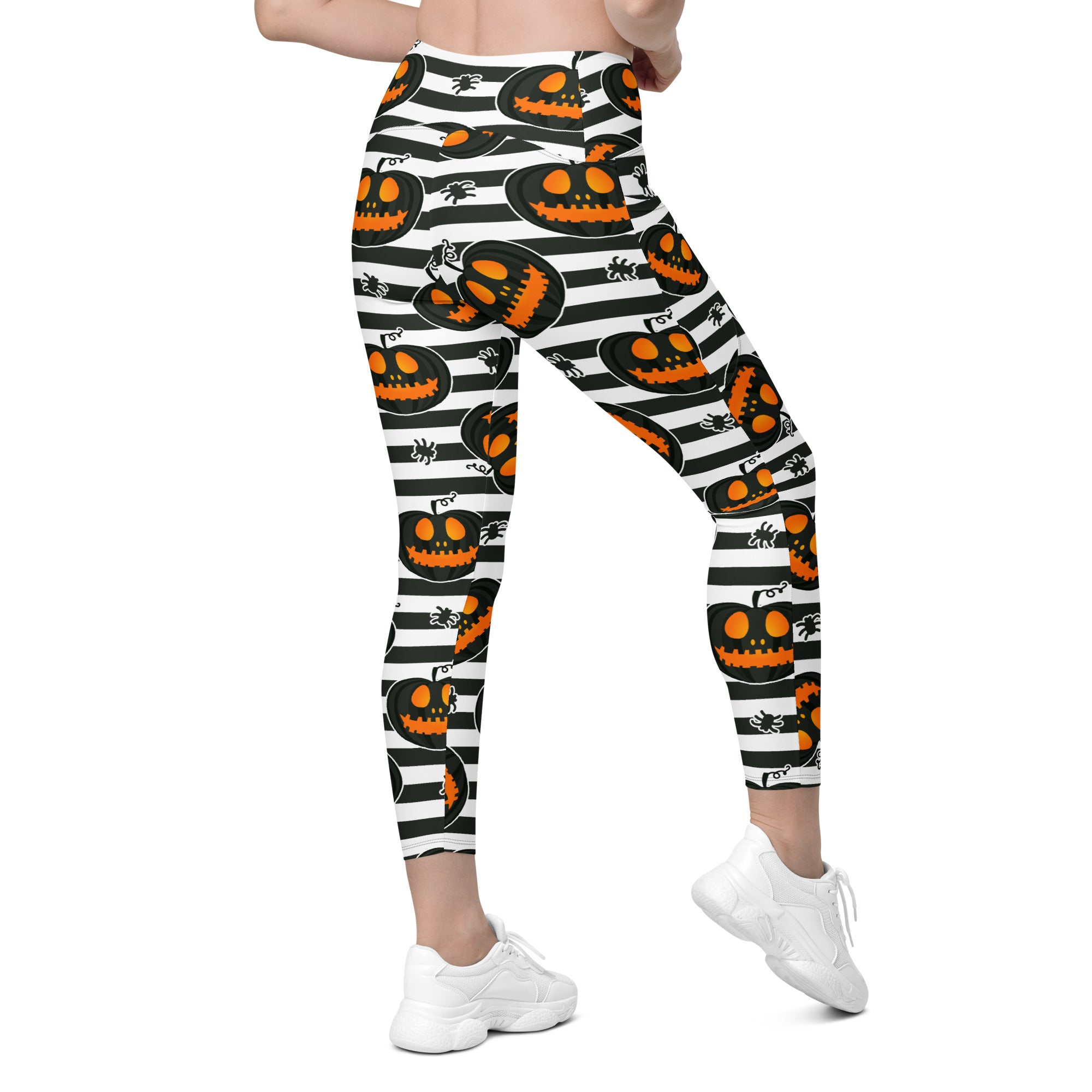 Striped Jack O'lanterns Crossover Leggings With Pockets