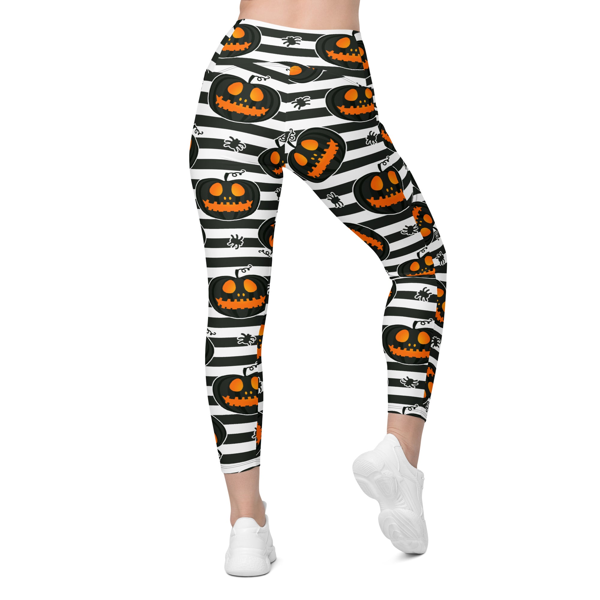 Striped Jack O'lanterns Crossover Leggings With Pockets