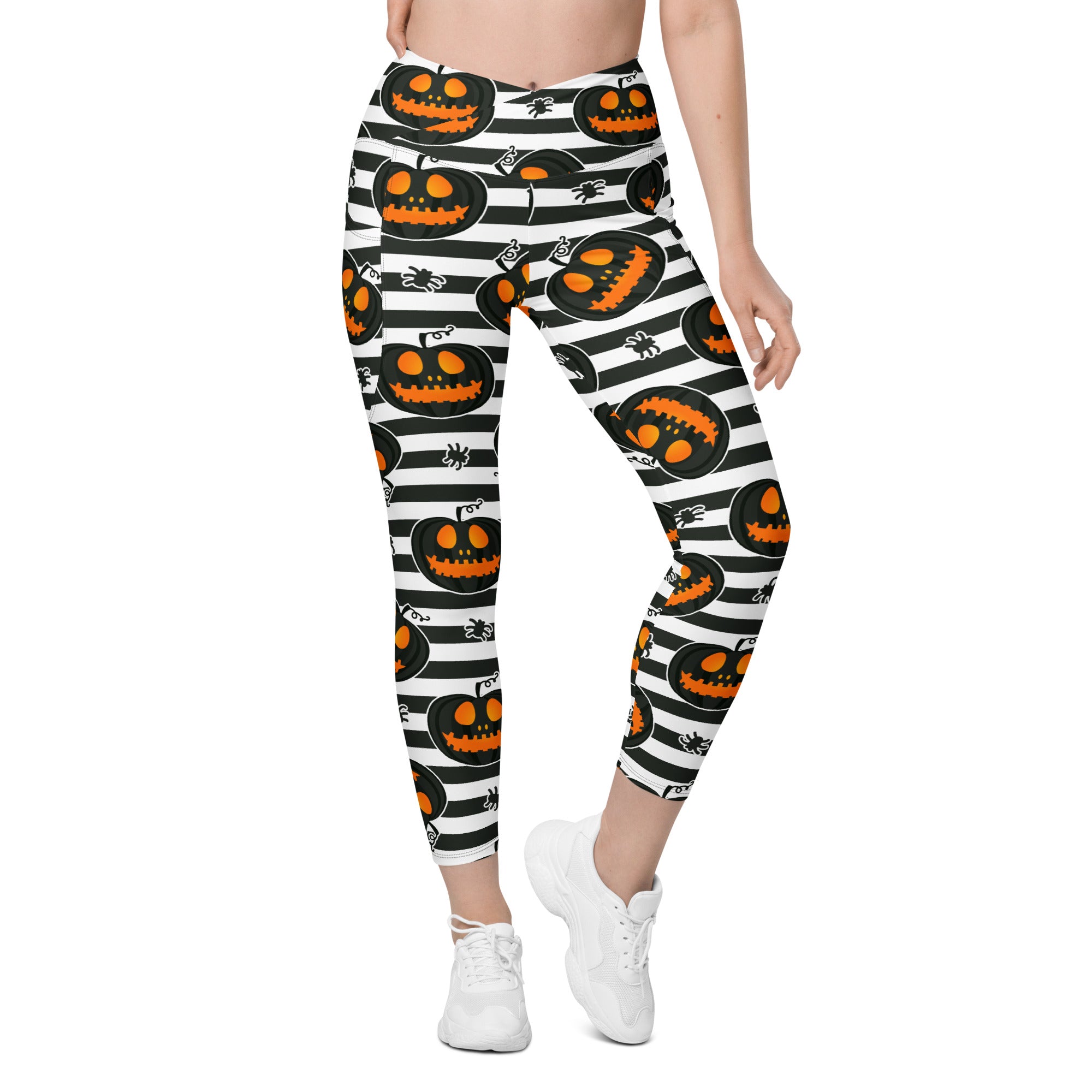 Striped Jack O'lanterns Crossover Leggings With Pockets