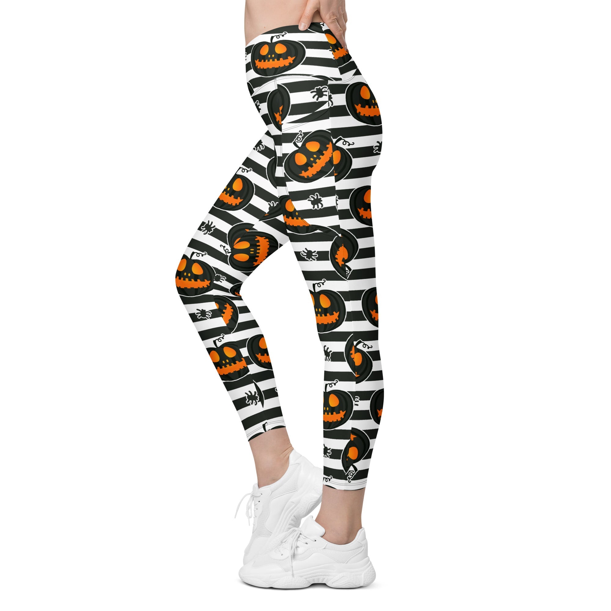 Striped Jack O'lanterns Crossover Leggings With Pockets