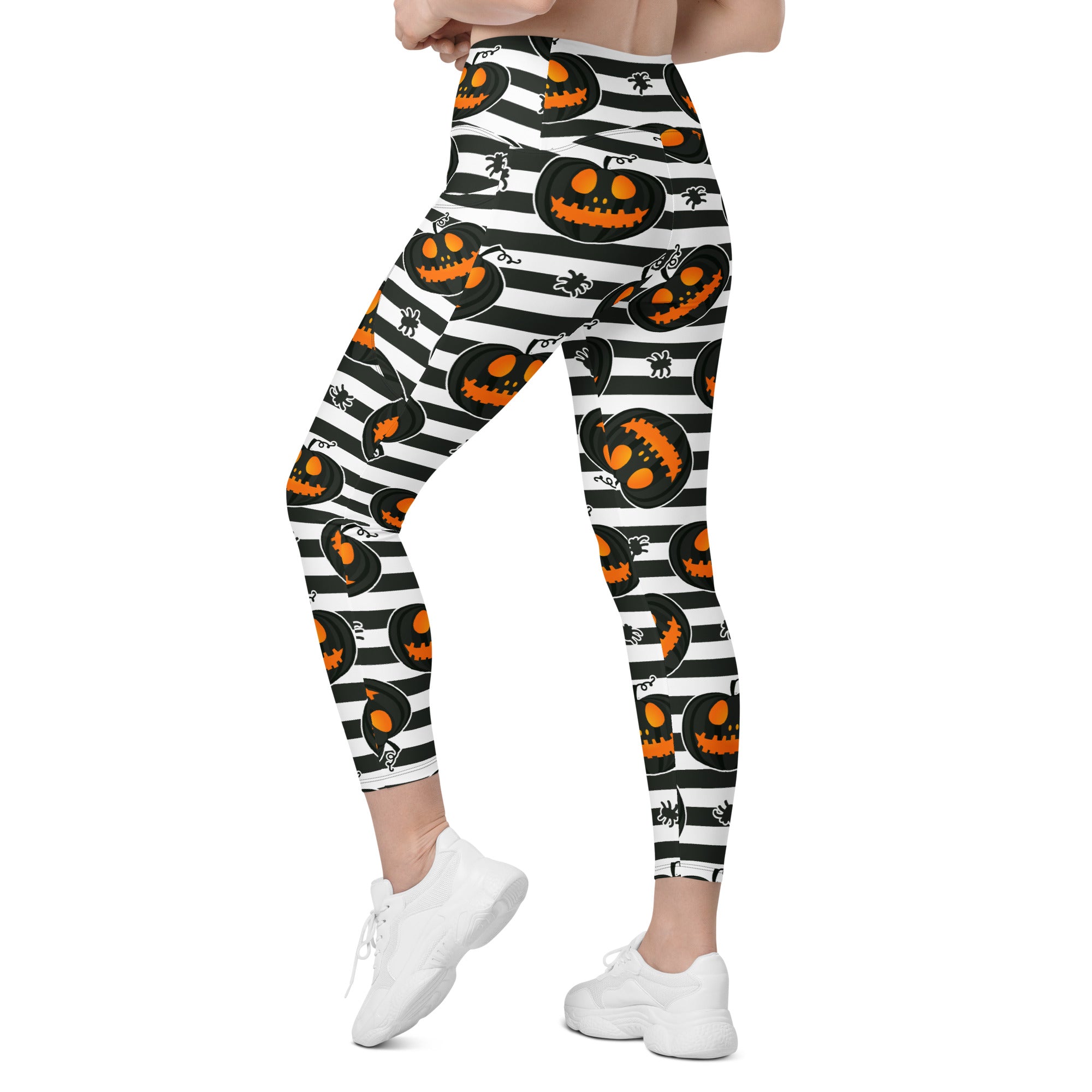 Striped Jack O'lanterns Crossover Leggings With Pockets