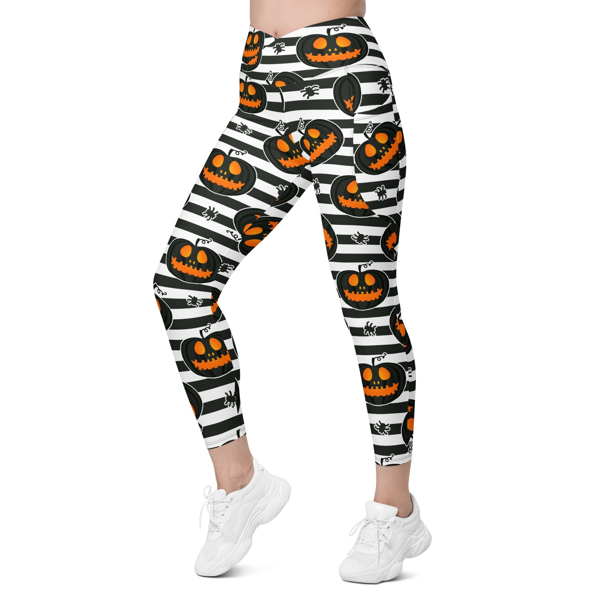 Striped Jack O'lanterns Crossover Leggings With Pockets