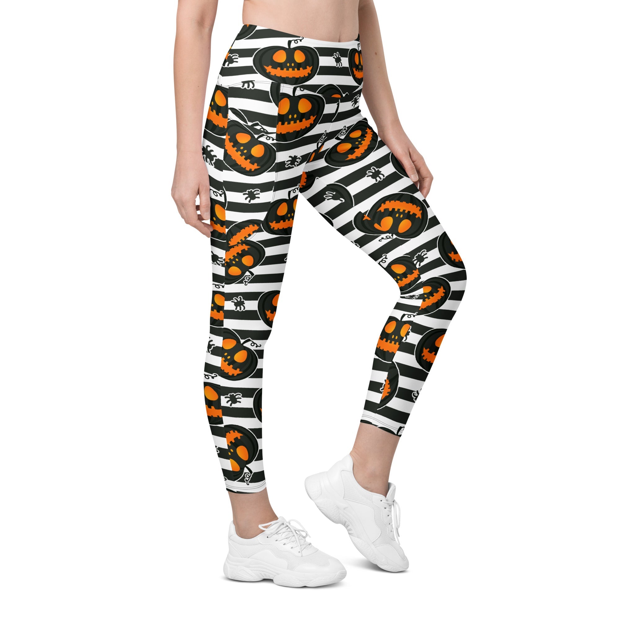 Striped Jack O'lanterns Leggings With Pockets