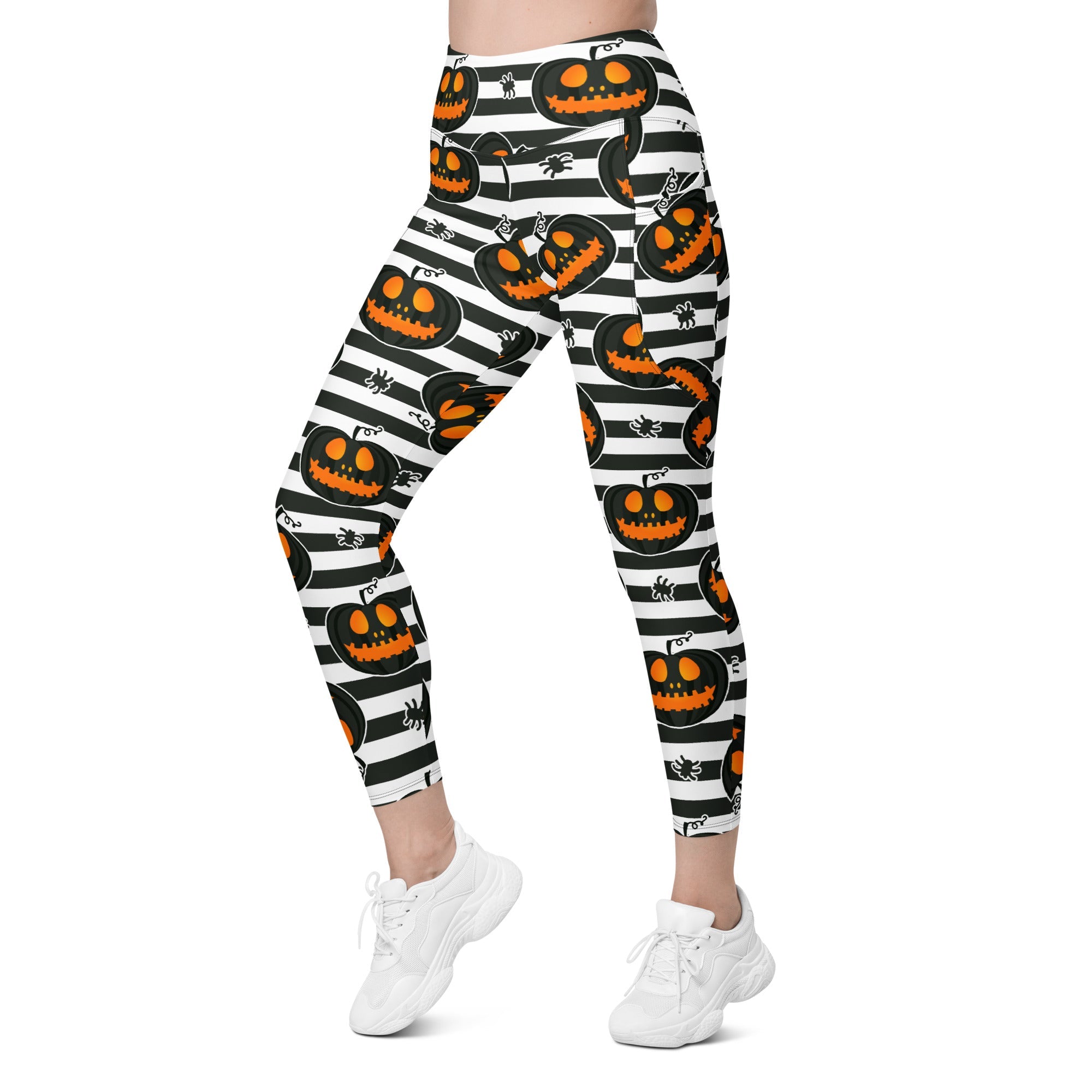 Striped Jack O'lanterns Leggings With Pockets