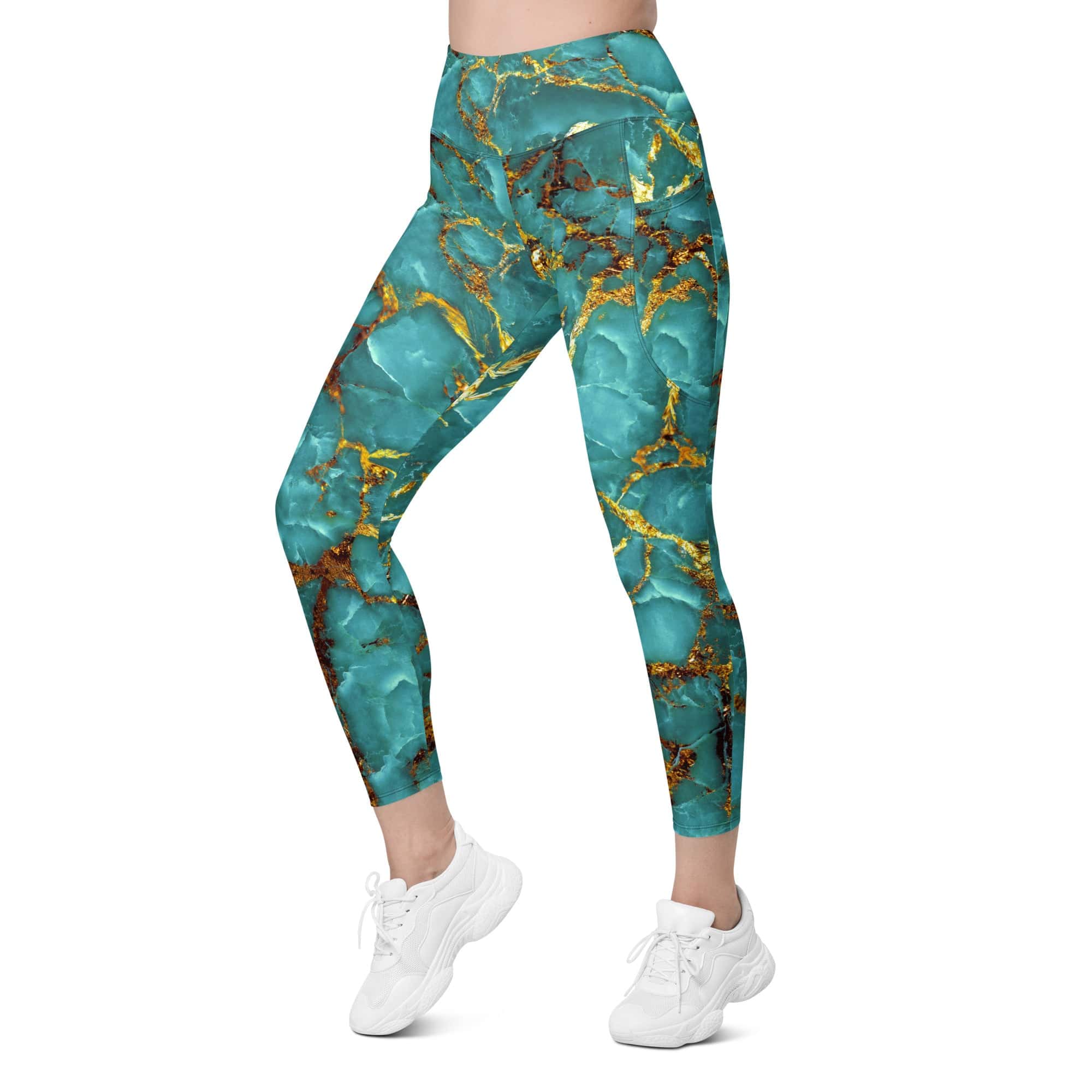 Turquoise & Gold Marble Leggings With Pockets