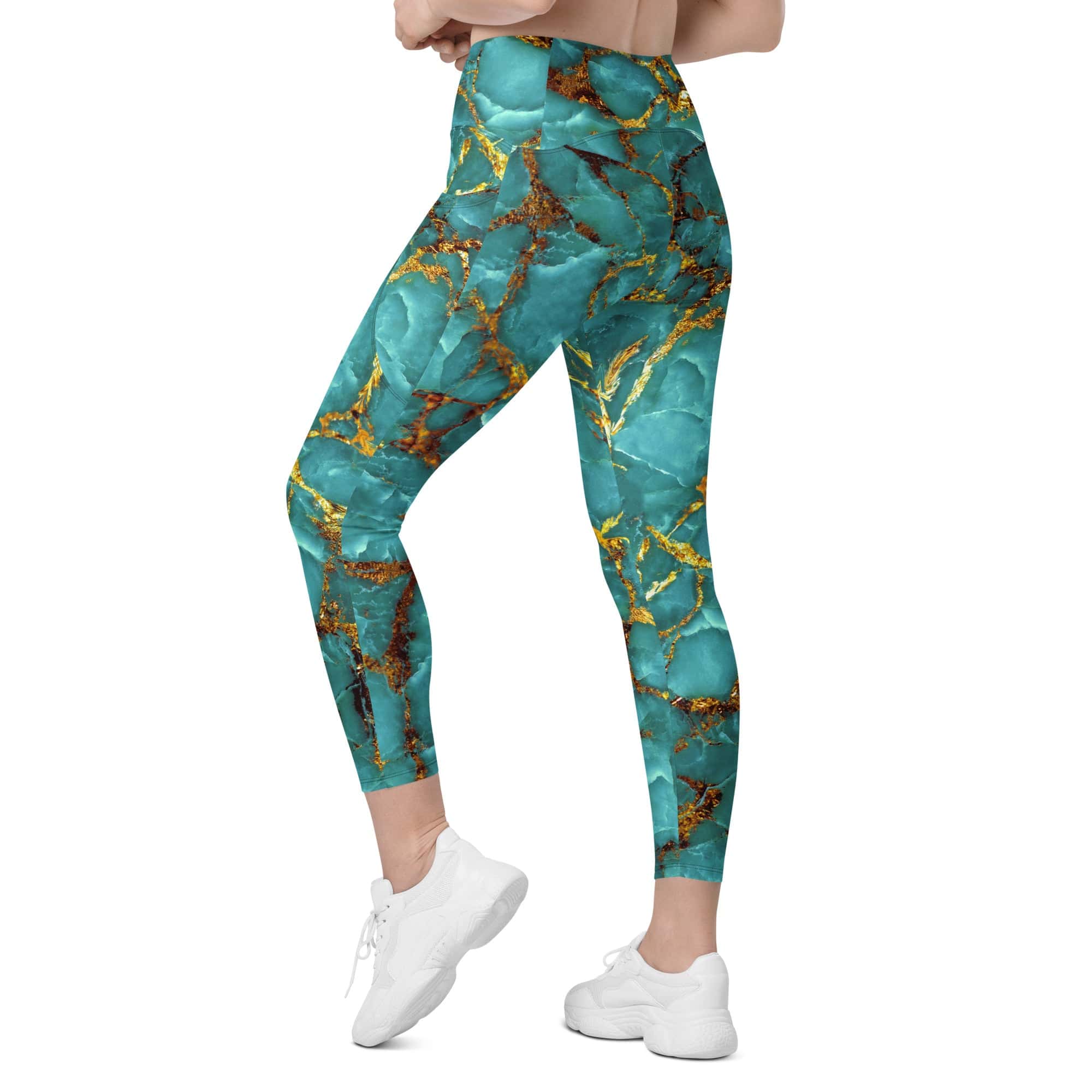 Turquoise & Gold Marble Leggings With Pockets