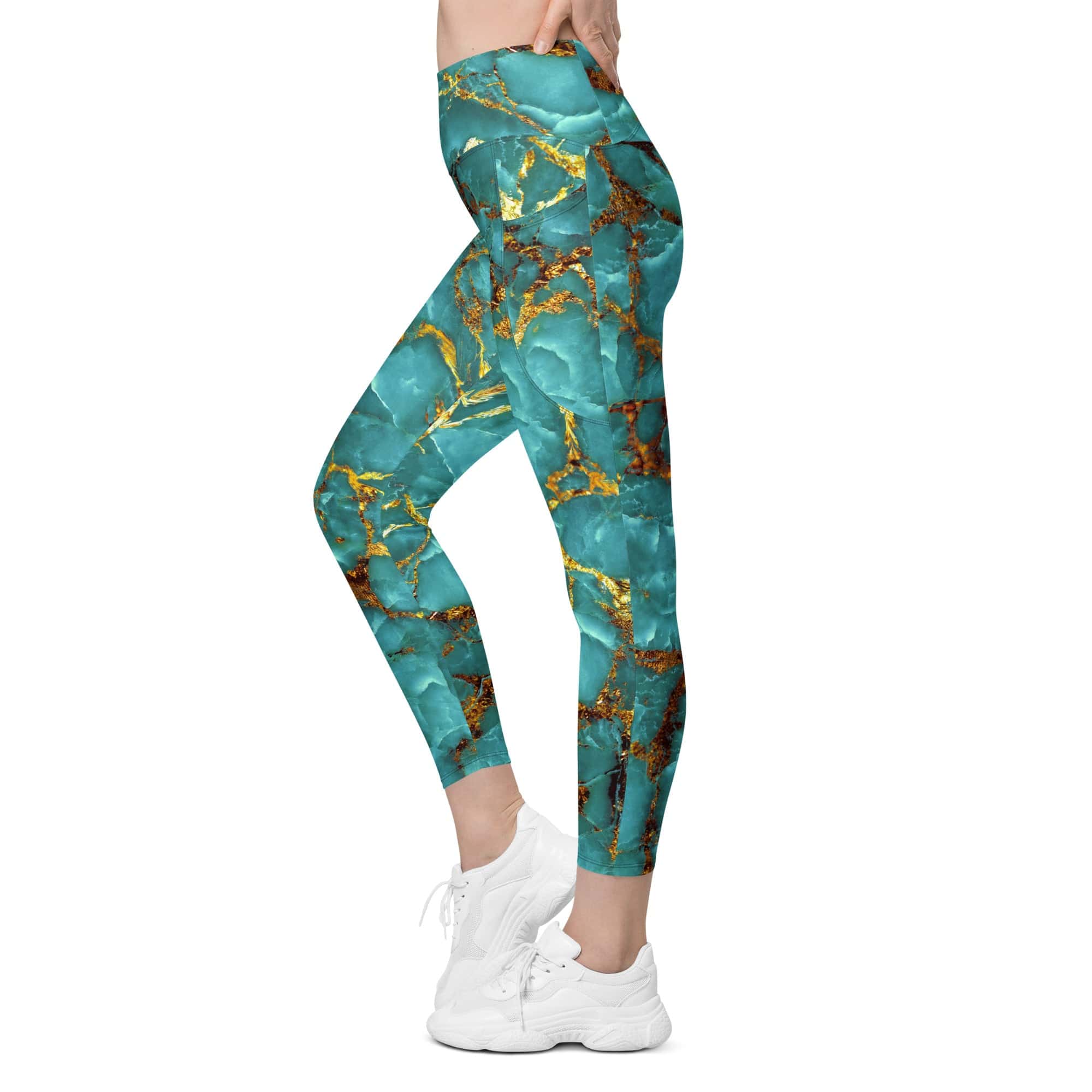 Turquoise & Gold Marble Leggings With Pockets