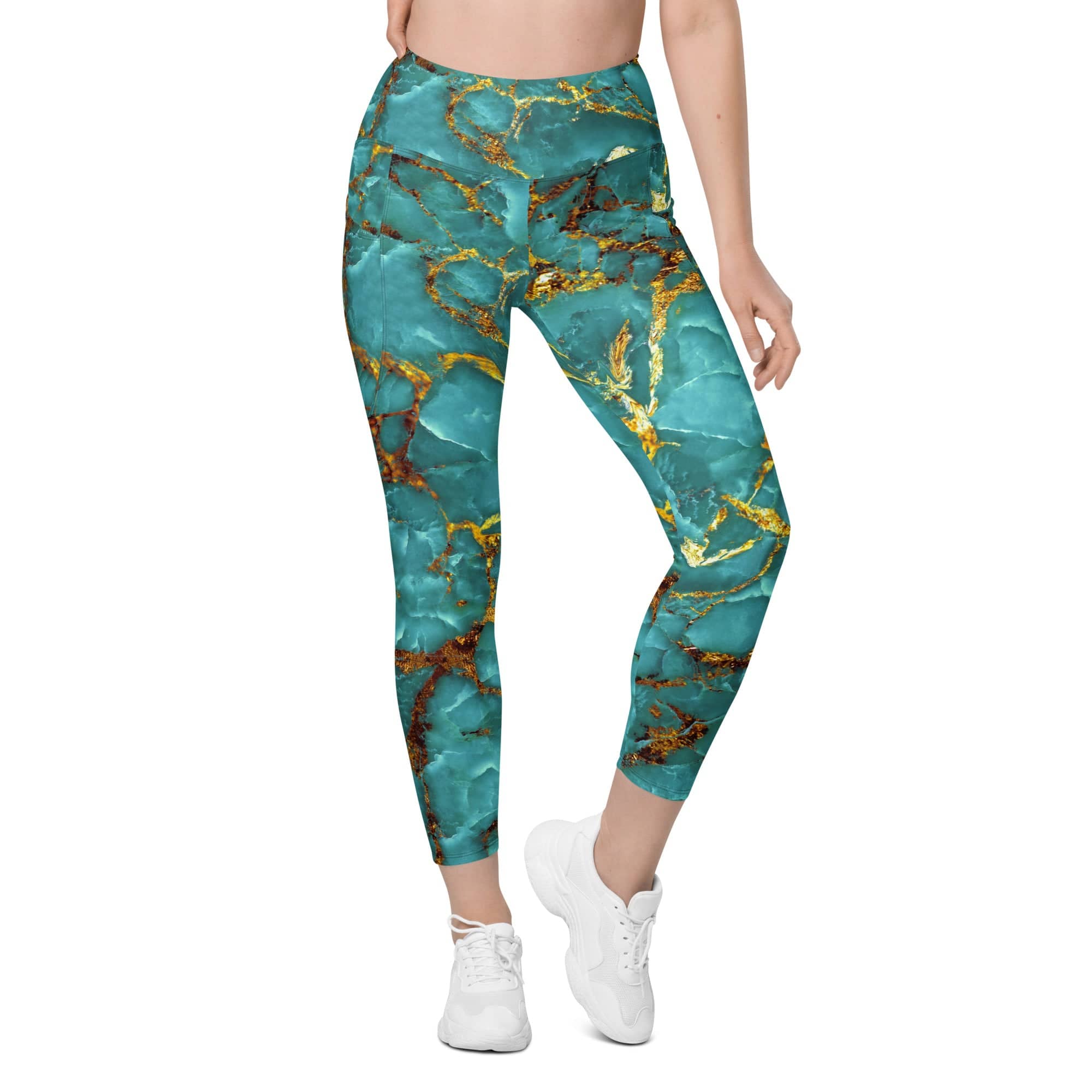 Turquoise & Gold Marble Leggings With Pockets