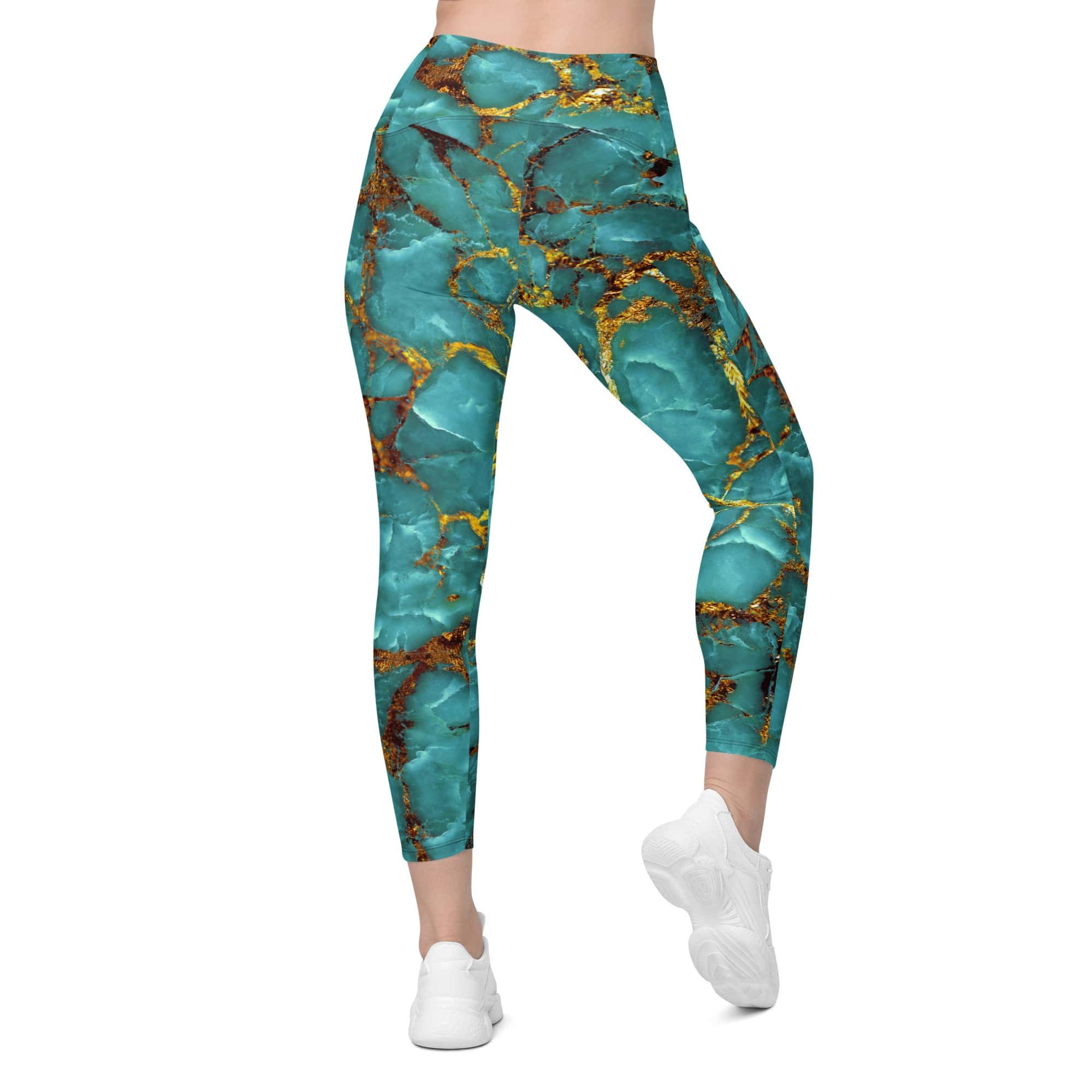 Turquoise & Gold Marble Leggings With Pockets