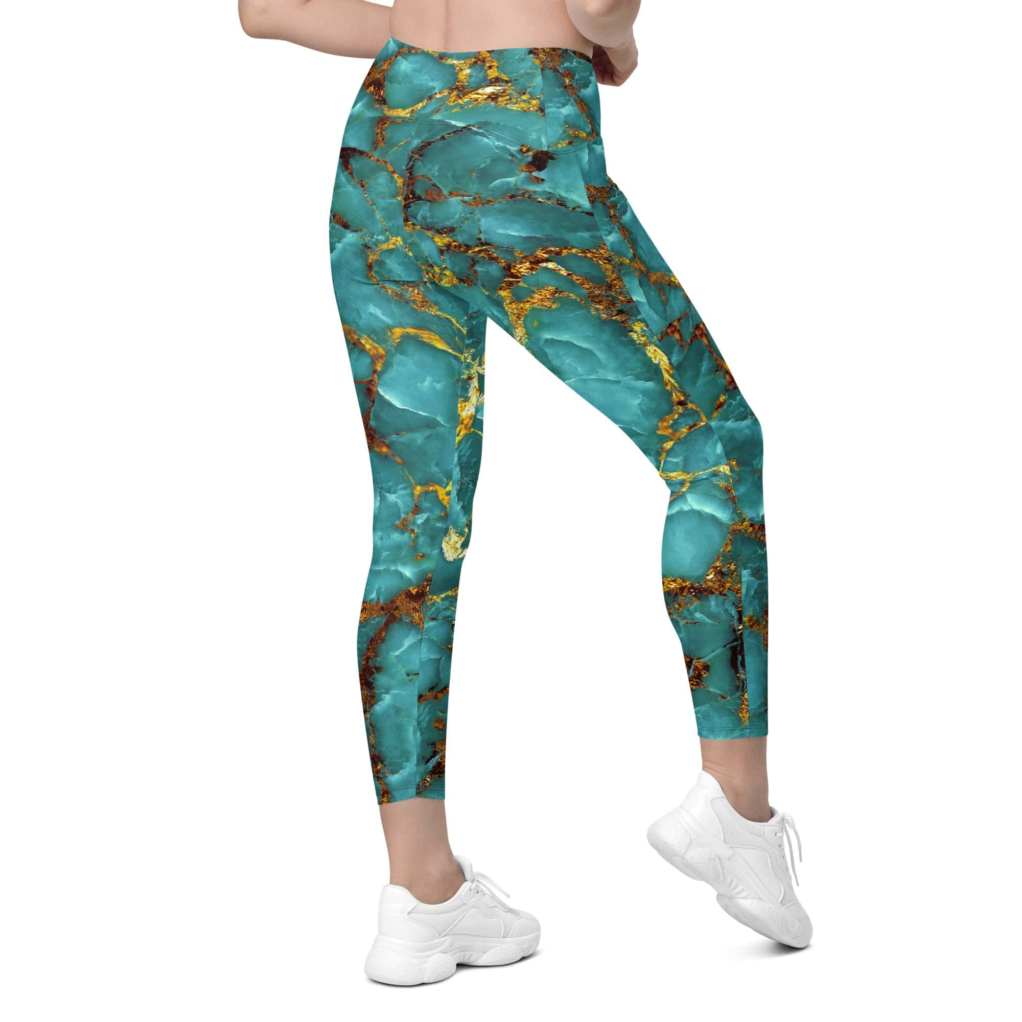 Turquoise & Gold Marble Leggings With Pockets
