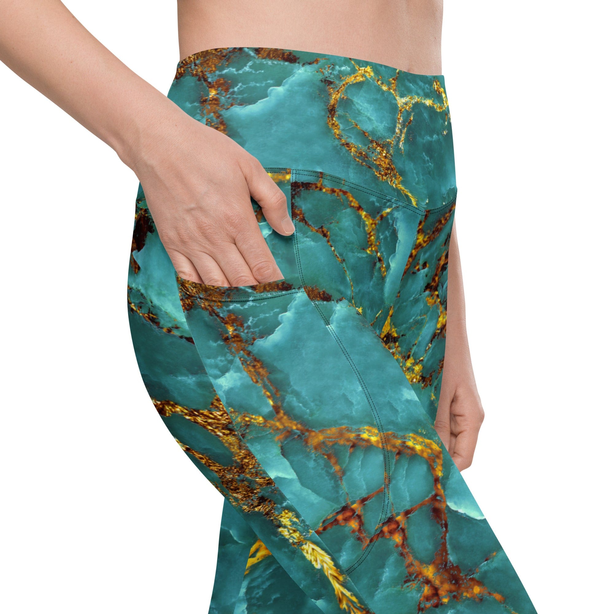 Turquoise & Gold Marble Leggings With Pockets