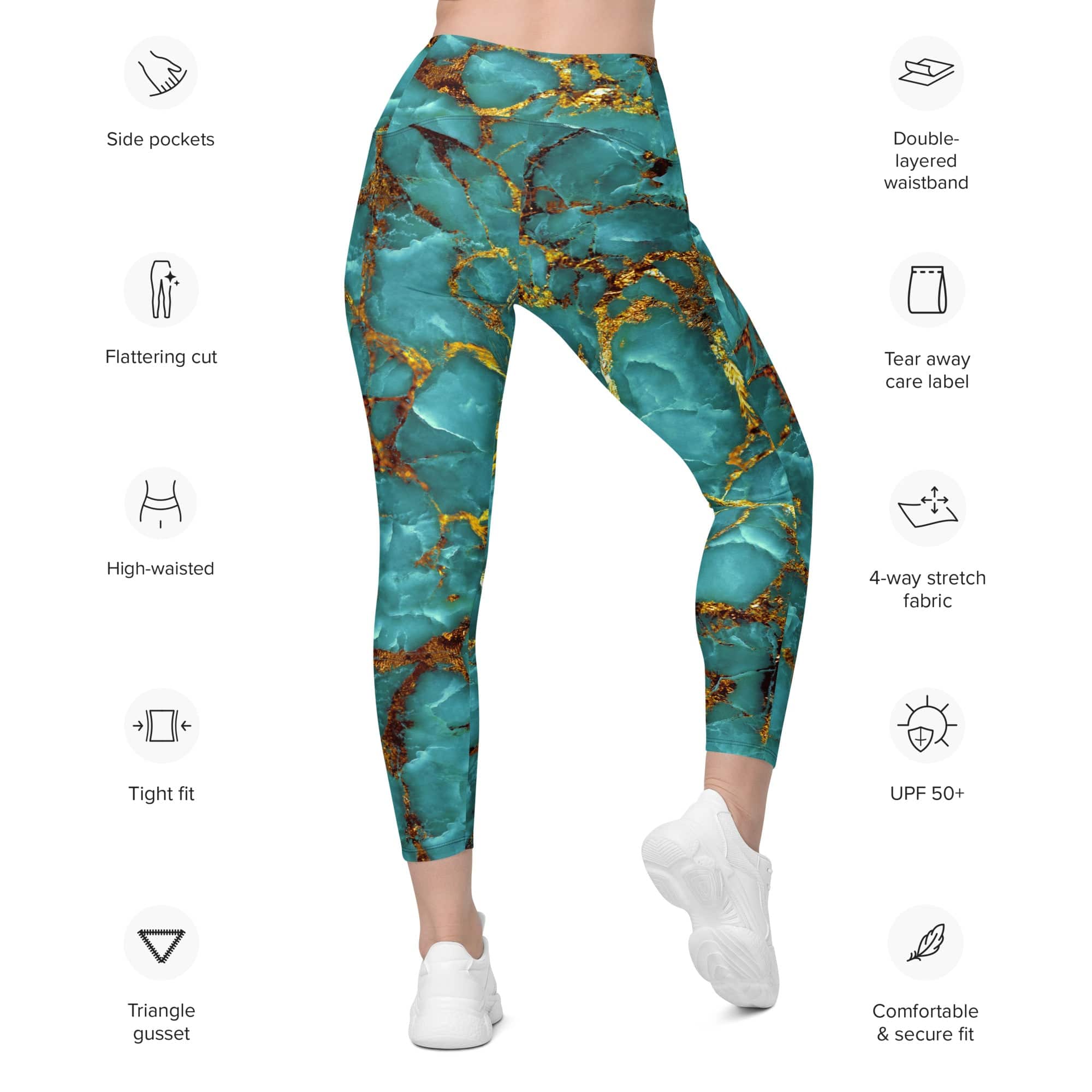 Turquoise & Gold Marble Leggings With Pockets