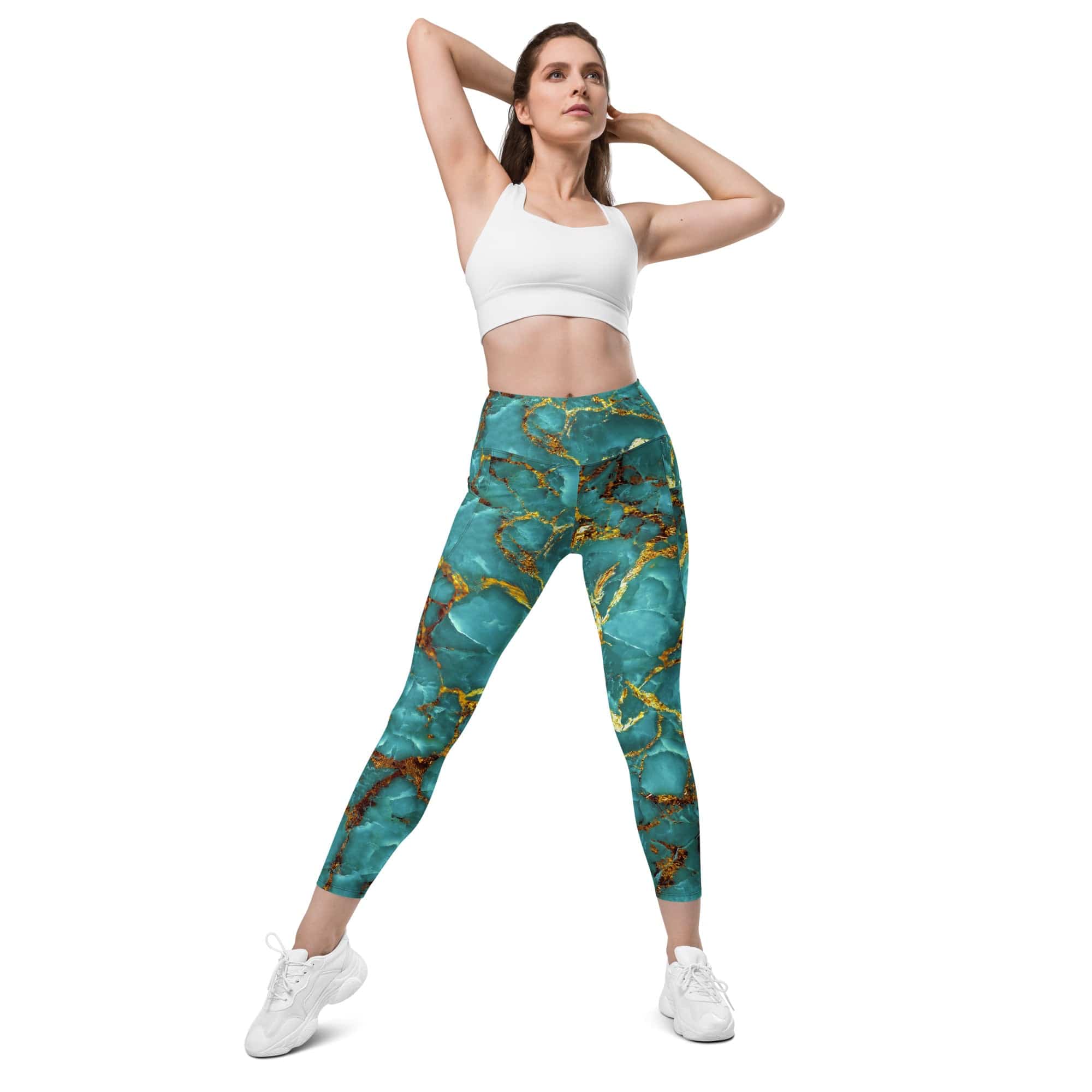 Turquoise & Gold Marble Leggings With Pockets