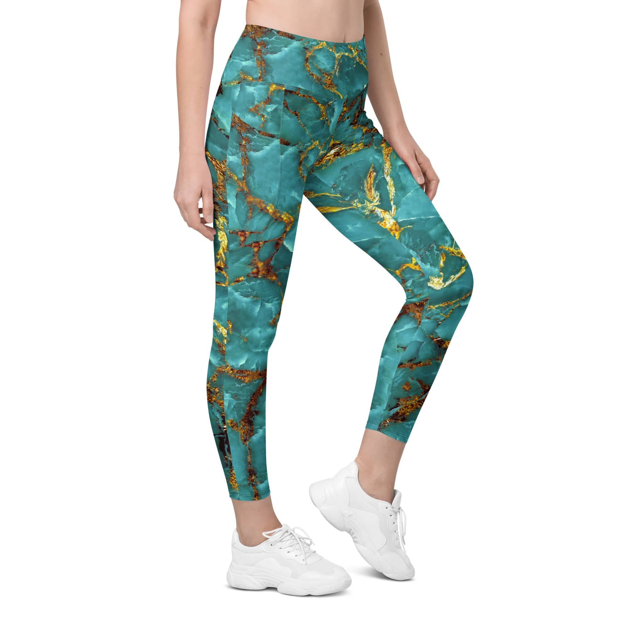 Turquoise & Gold Marble Leggings With Pockets