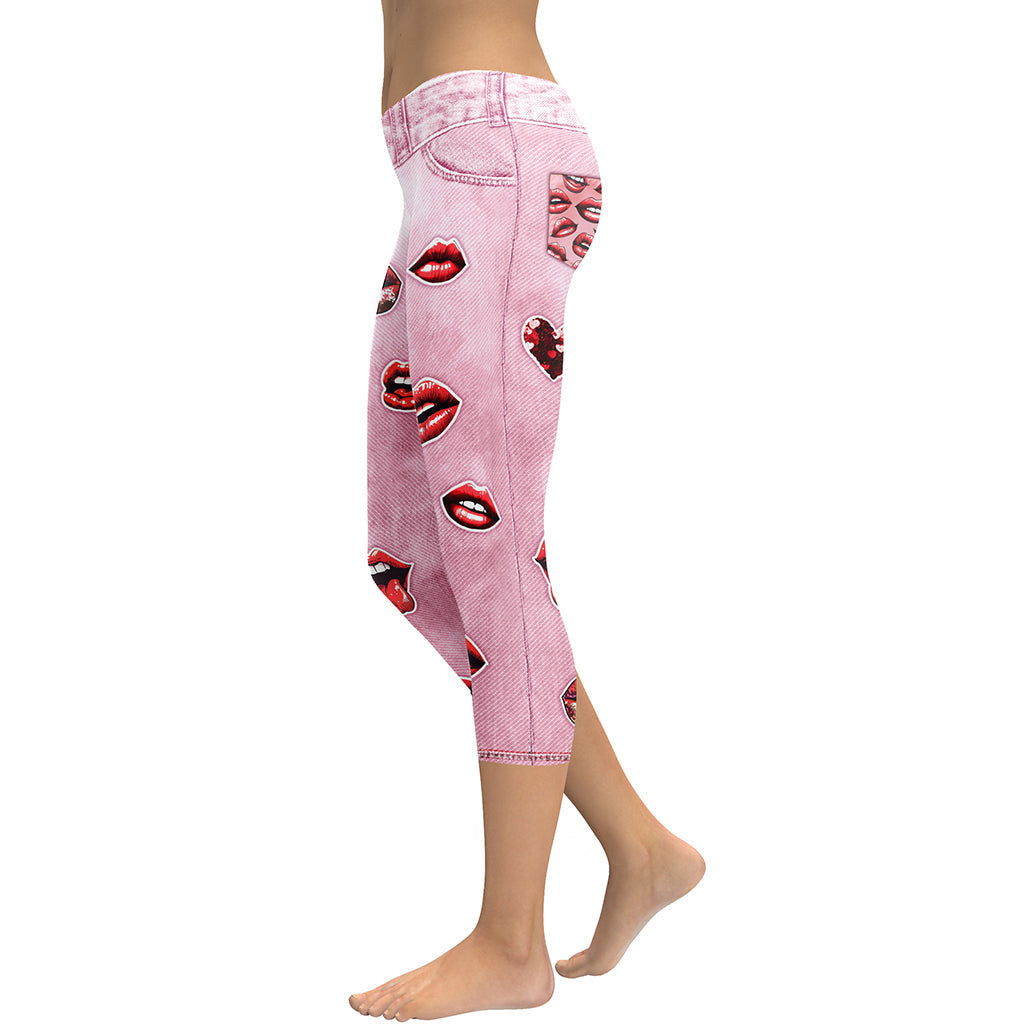 Valentine Lips Denim Print Capris