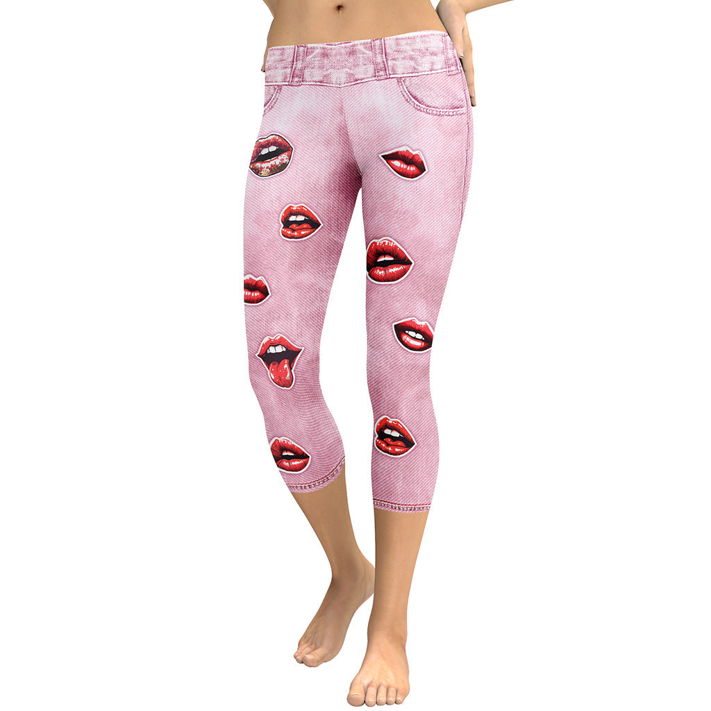Valentine Lips Denim Print Capris