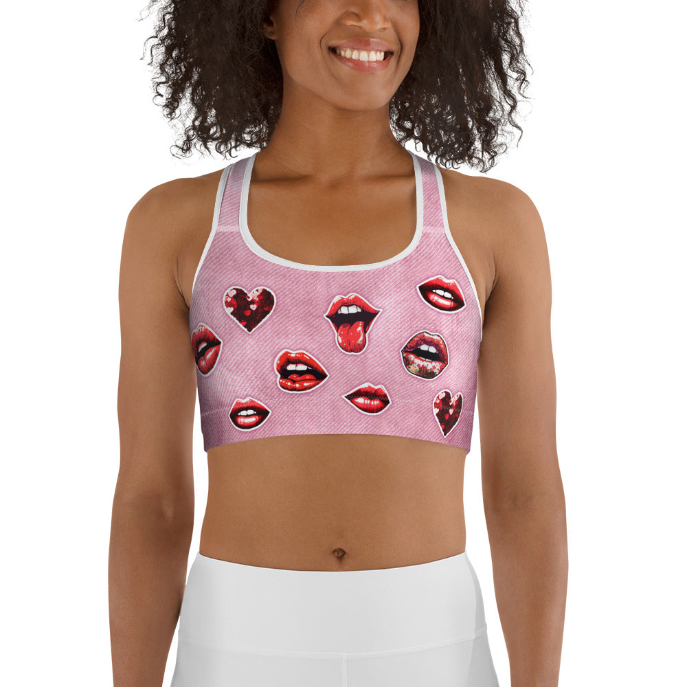 Valentine Lips Denim Print Sports Bra