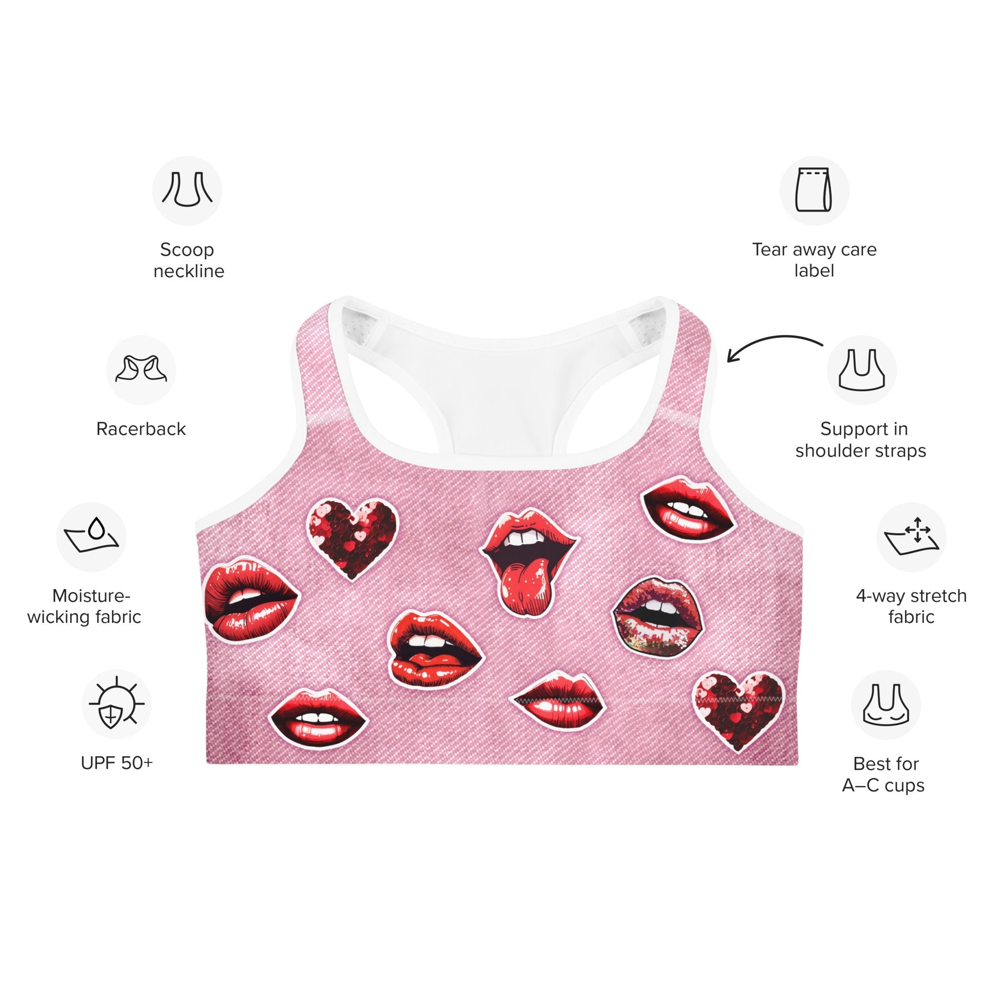 Valentine Lips Denim Print Sports Bra