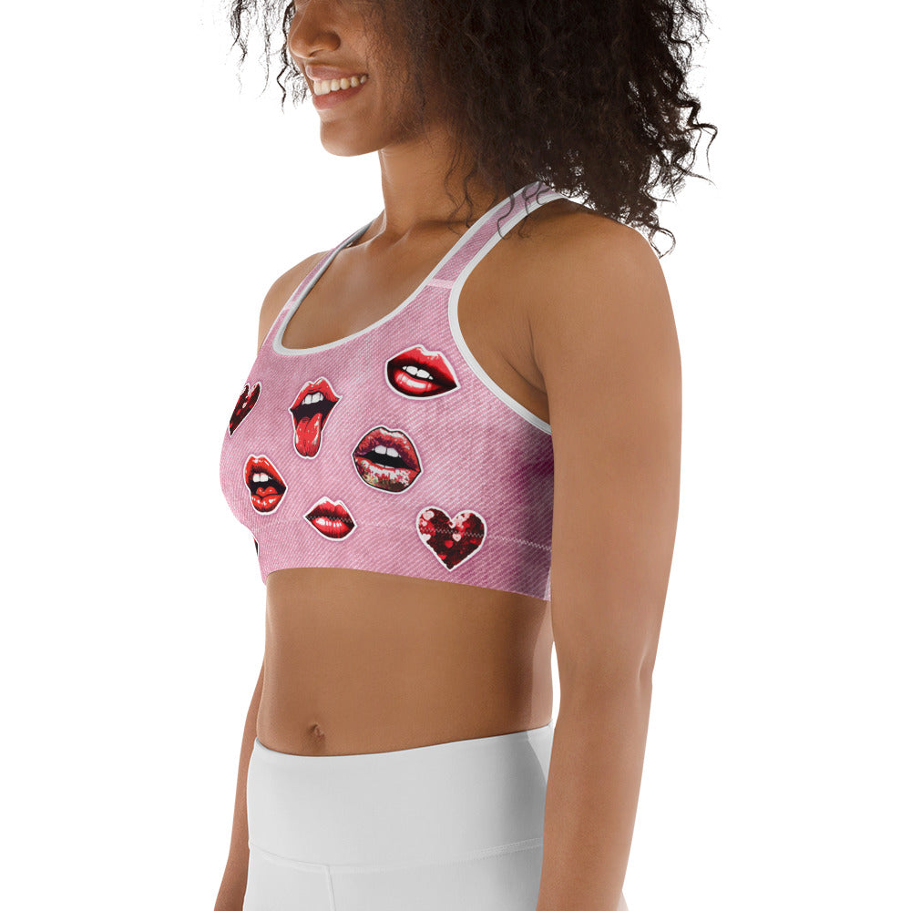 Valentine Lips Denim Print Sports Bra