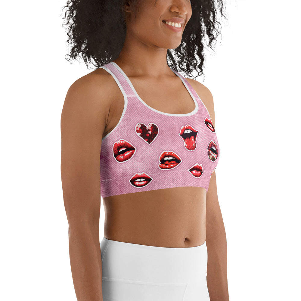 Valentine Lips Denim Print Sports Bra