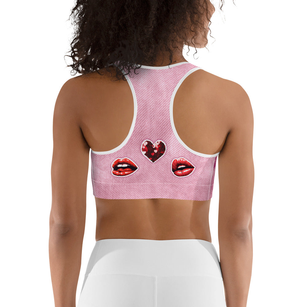 Valentine Lips Denim Print Sports Bra