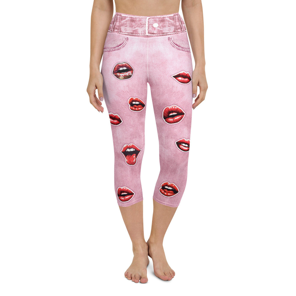 Valentine Lips Denim Print Yoga Capris