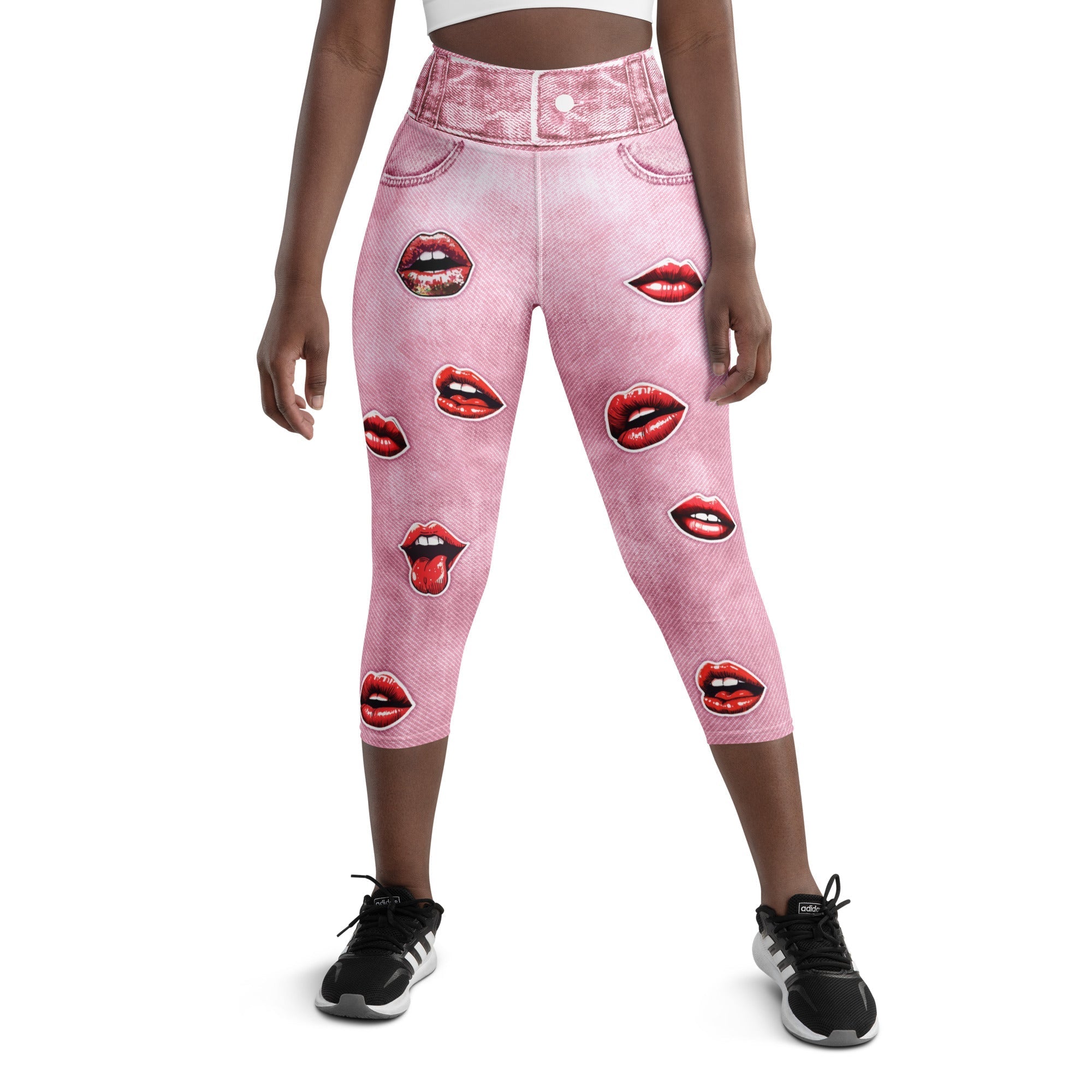 Valentine Lips Denim Print Yoga Capris